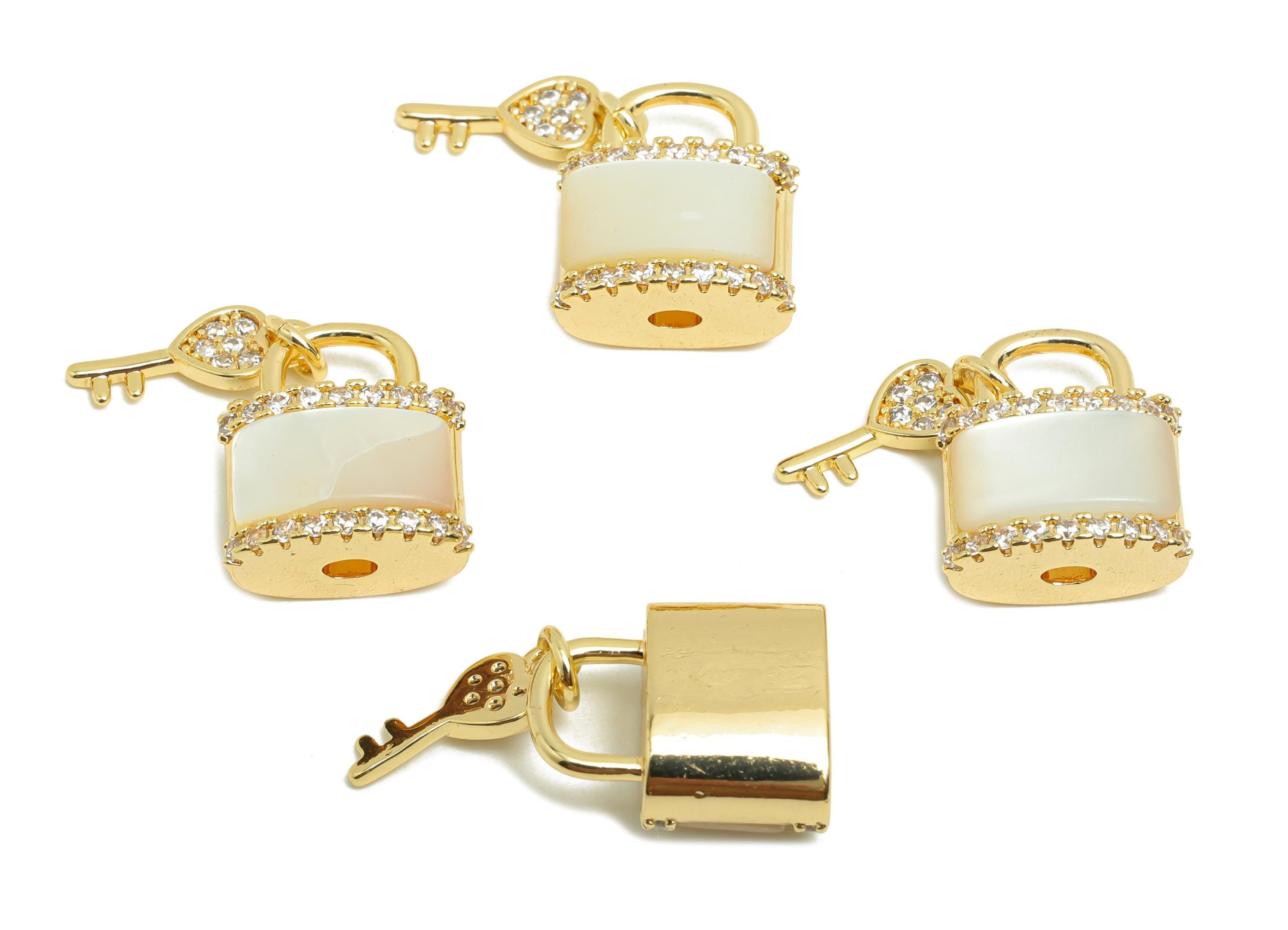 Brass Shell Earring Charm - Brass Lock Key Shell Charm - Vintage Charm - Heart Zircon Pendant - 18K Real Gold Plated - 13x11x6mm - RGP9975 - DOMEDBAZAAR