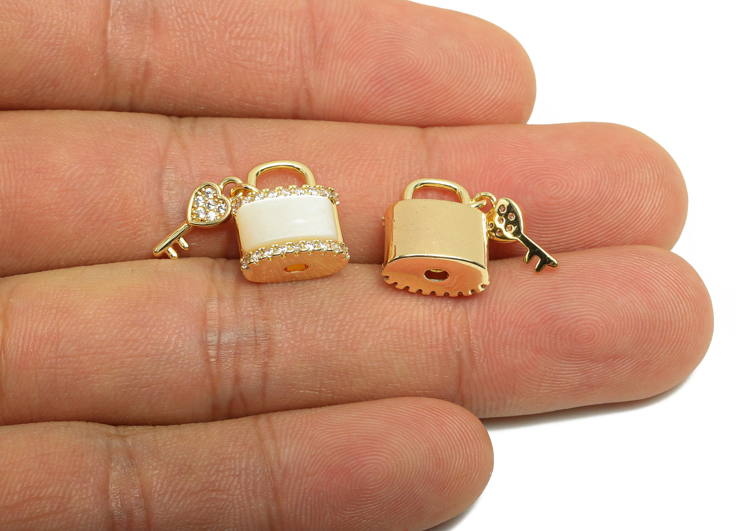 Brass Shell Earring Charm - Brass Lock Key Shell Charm - Vintage Charm - Heart Zircon Pendant - 18K Real Gold Plated - 13x11x6mm - RGP9975 - DOMEDBAZAAR