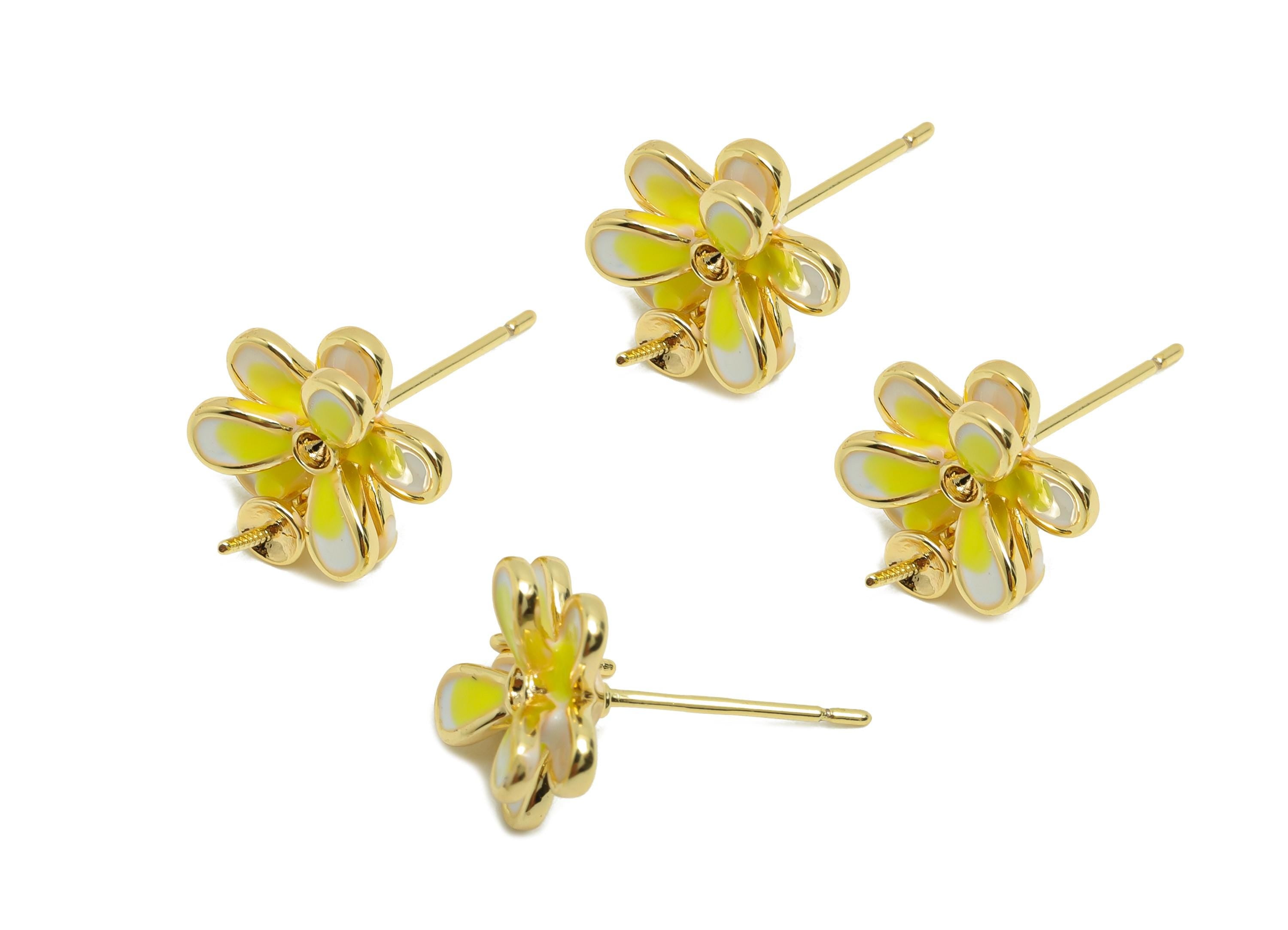 Brass Flower Earring Stud - Brass Enamel Earring Post - Gold Jewelry - Brass Pearl Setting - 18K Real Gold Plating - 14x11.7x4.5mm - RGP9978 - DOMEDBAZAAR