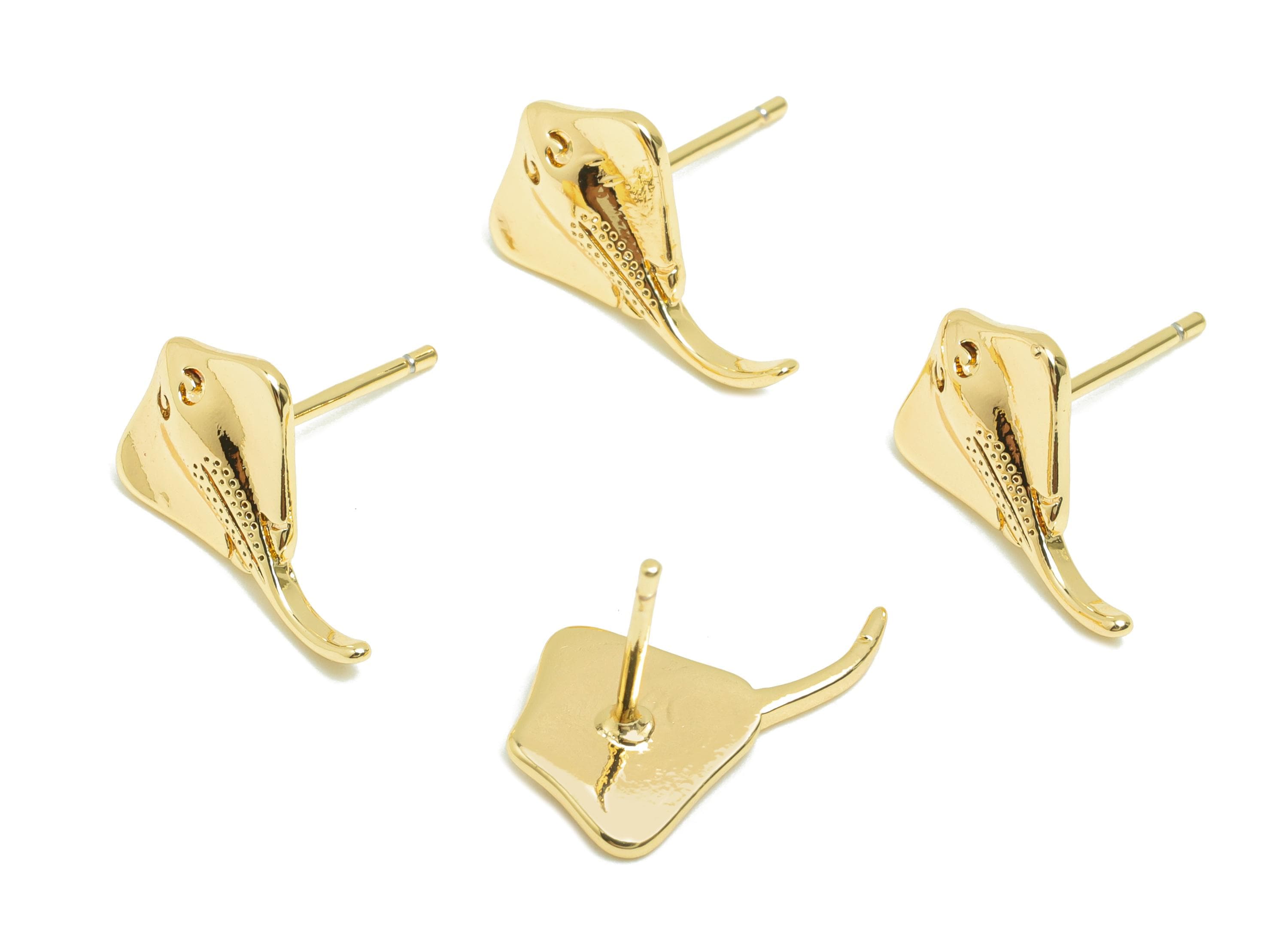 Brass Fish Earring Stud - Brass Marine Fish Earring Post - Gold Jewelry - Silver Post - 18K Real Gold Plating - 14.8x10x1.9mm - RGP10003 - DOMEDBAZAAR