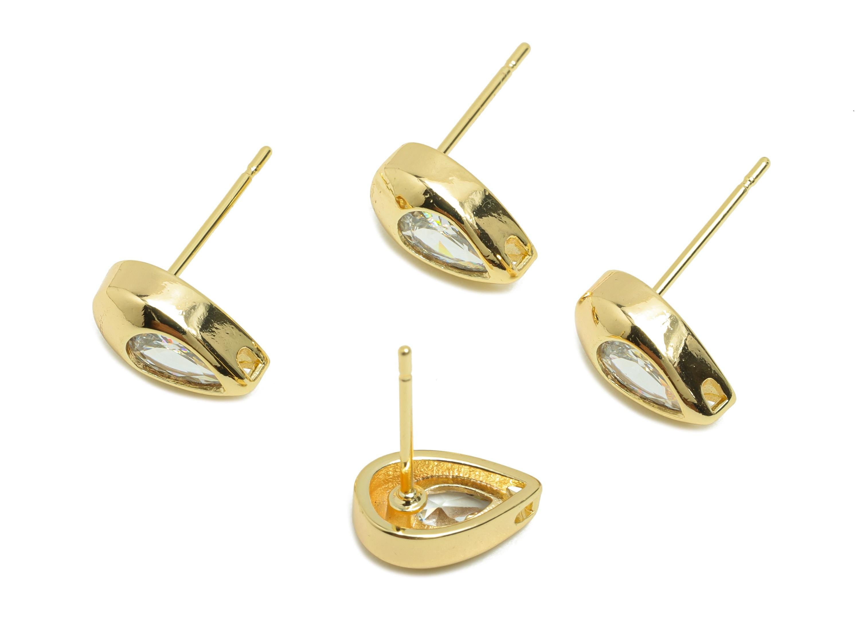 Brass CZ Earring Stud - Brass Zircon Teardrop Earring Post - Geometry CZ Post - Gold Jewelry - 18K Real Gold Plating - 10.2x6x4mm - RGP9985 - DOMEDBAZAAR