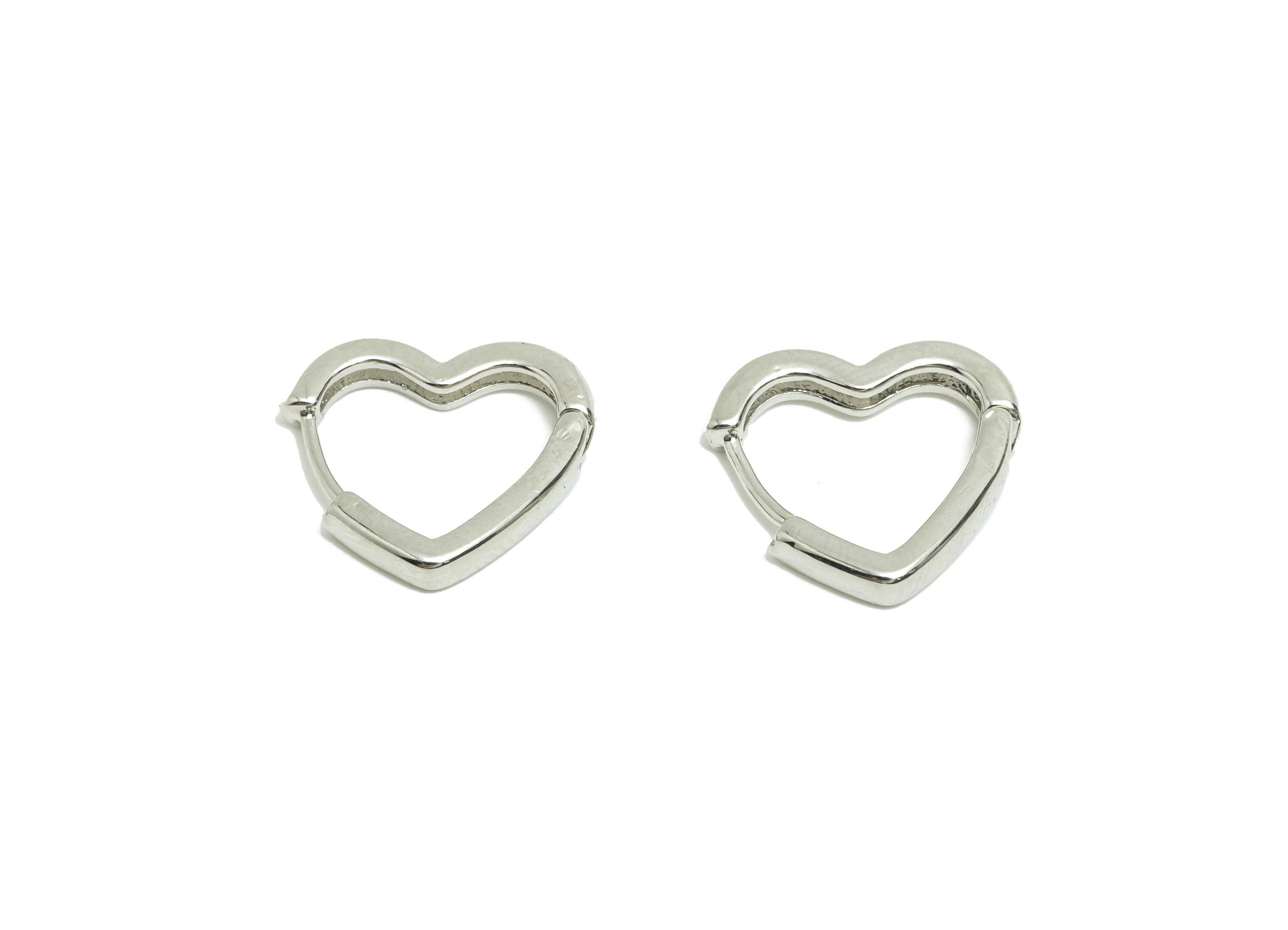 Brass Heart Hoop Earring - White Huggie Earring for Girls - Valentine's Day Earring - 18K Real White Gold Plated - 13.3x16.12x2.41mm-RGP8584 - DOMEDBAZAAR