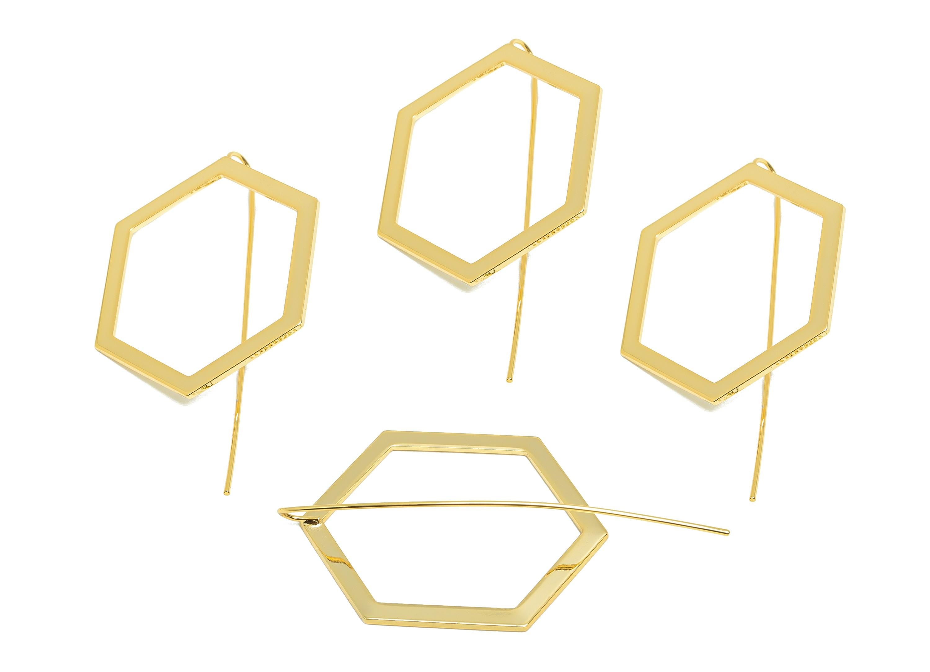 Brass Hexagon Earring - Gold Minimalist Earring Wire for Woman's - Geometry Hexagon Ear Wire - 18K Real Gold Plating - 56x29x1mm - RGP8953 - DOMEDBAZAAR