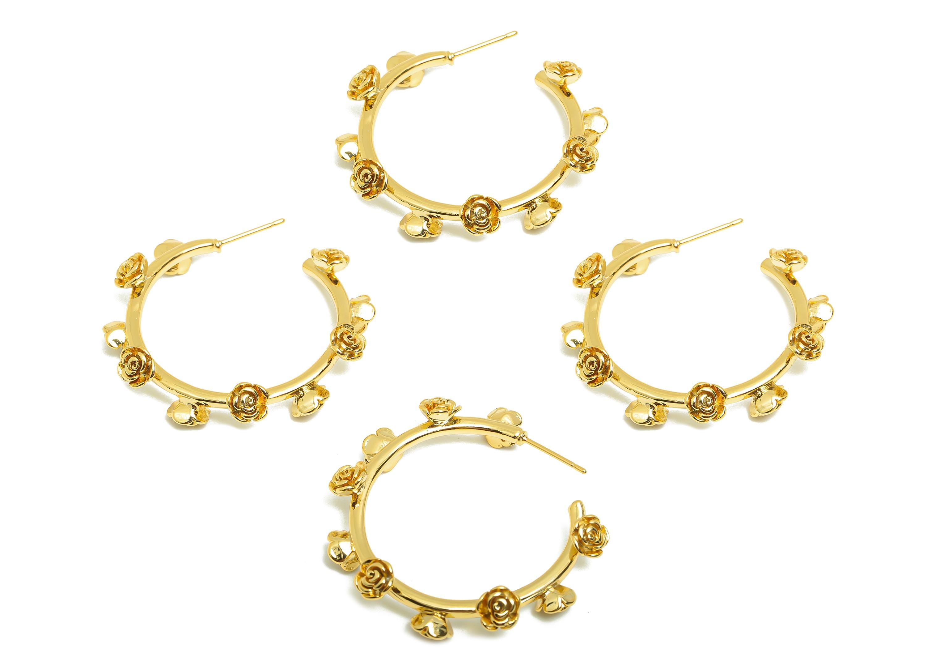 Brass Circle Flower Earring - Gold C Hoop Rose Earring Post - Flower Daily Wear Ear Stud - 18K Real Gold Plated -35.65x35.65x5.16mm -RGP8957 - DOMEDBAZAAR