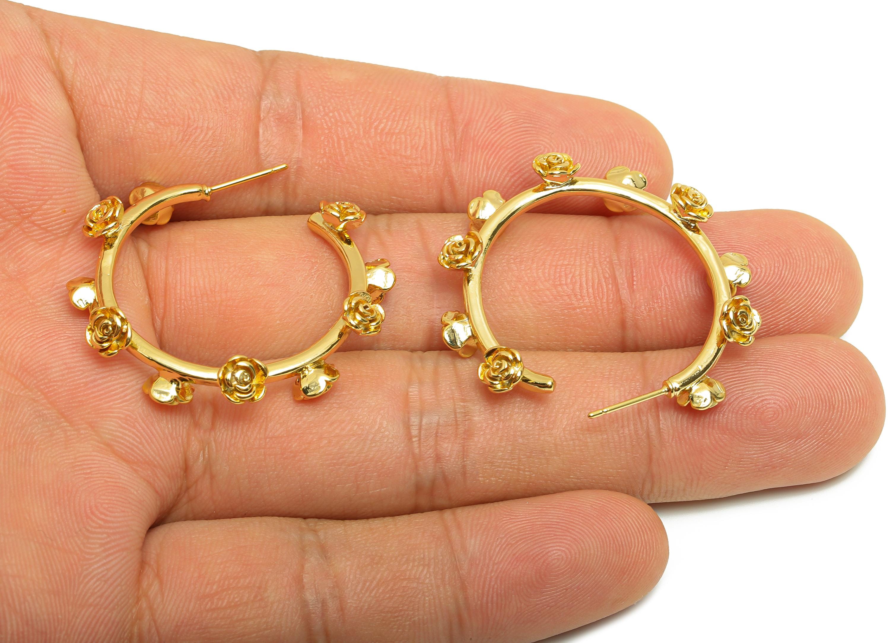 Brass Circle Flower Earring - Gold C Hoop Rose Earring Post - Flower Daily Wear Ear Stud - 18K Real Gold Plated -35.65x35.65x5.16mm -RGP8957 - DOMEDBAZAAR