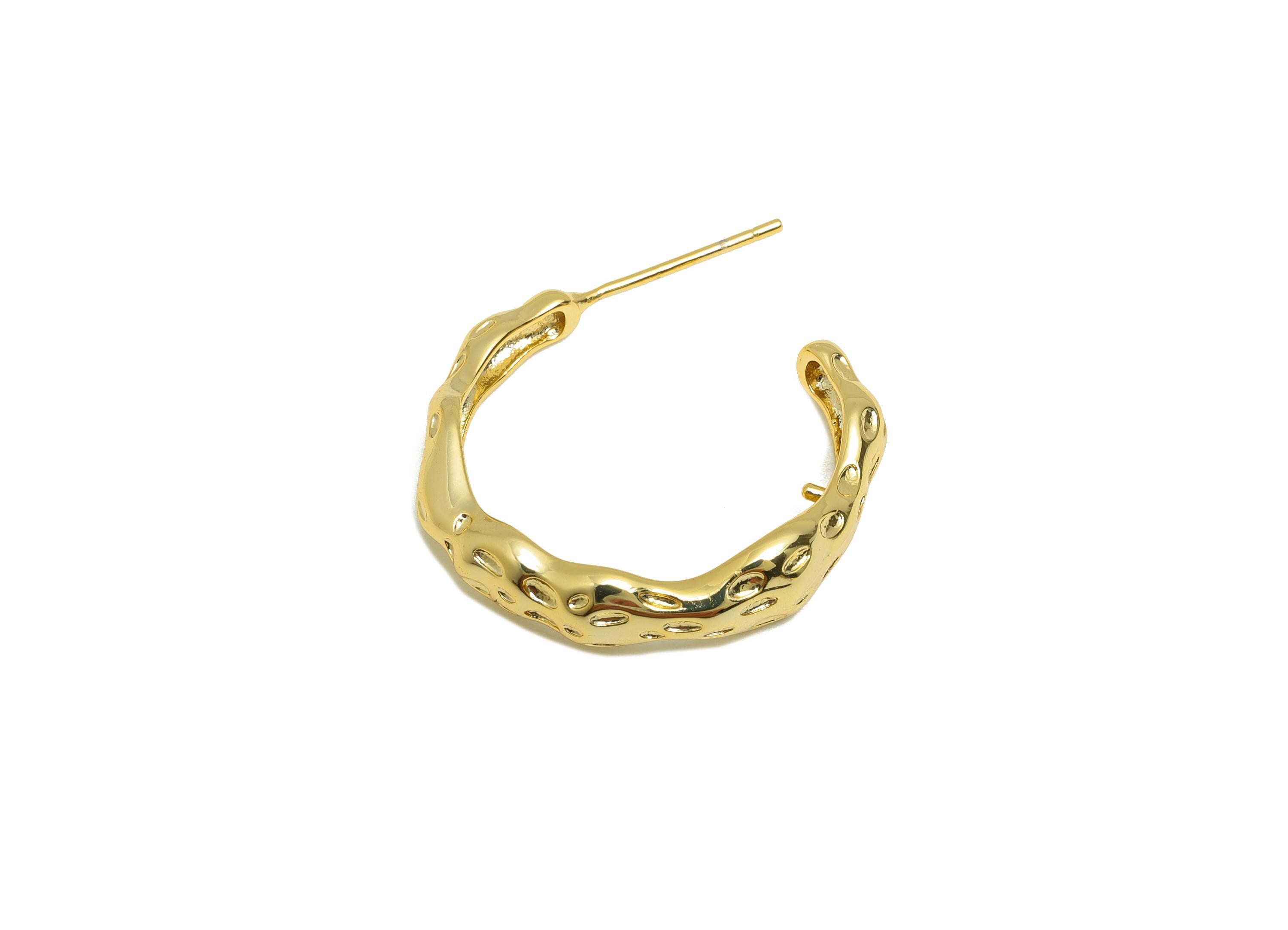 Brass Circle Earring Stud - Gold Open C Hoop Earring Post - Hammered Daily Wear Earring - 18K Real Gold Plated - 23.09x5.04x2.35mm - RGP8961 - DOMEDBAZAAR