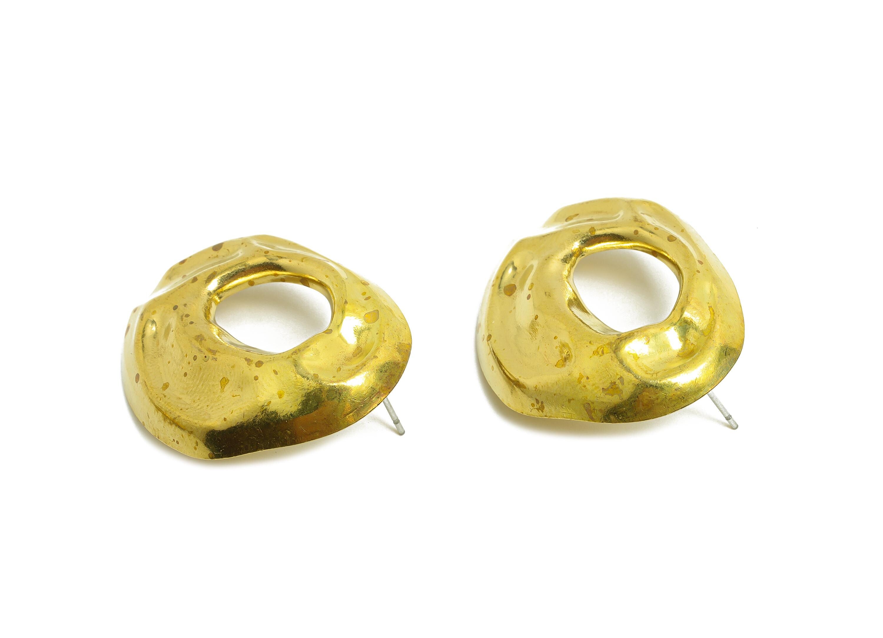 Abstract Hollow Stud Earring - Raw Brass Textured Earrings with Unique Open Center - Abstract Jewelry - Bold Jewelry - 35x28x5mm - PP10778 - DOMEDBAZAAR