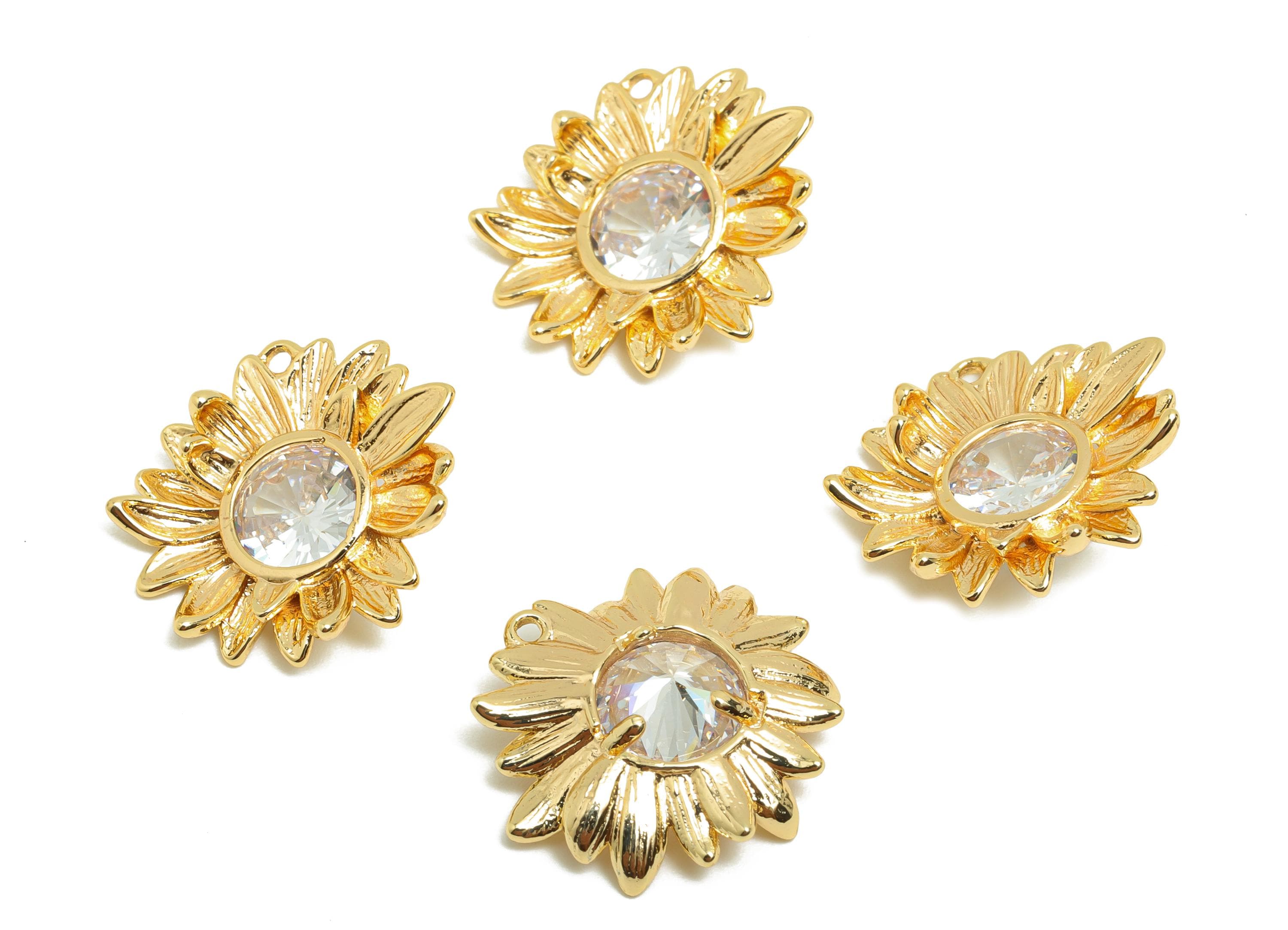 Brass Earring Charm - Brass Textured Daisy Charm - Brass Flower Pendant - Flower CZ Pendant - 18K Real Gold Plating - 17x17x4mm - RGP9996 - DOMEDBAZAAR