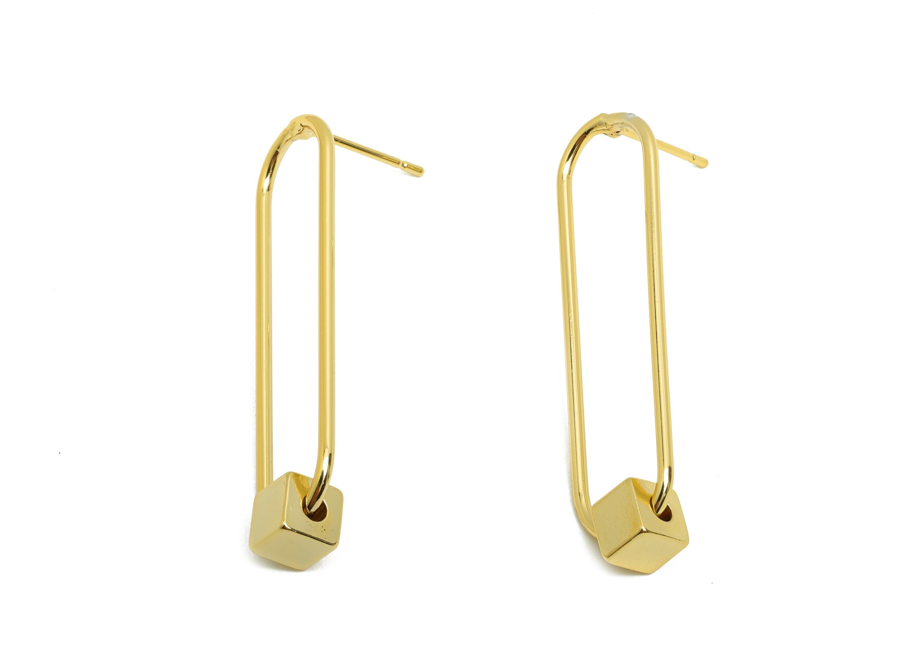 Brass Rectangle Earring Stud - Cube Earring Post for Woman's - Gold Daily Wear Earring - 18K Real Gold Plating - 36.7x10x1.24mm - RGP8698 - DOMEDBAZAAR