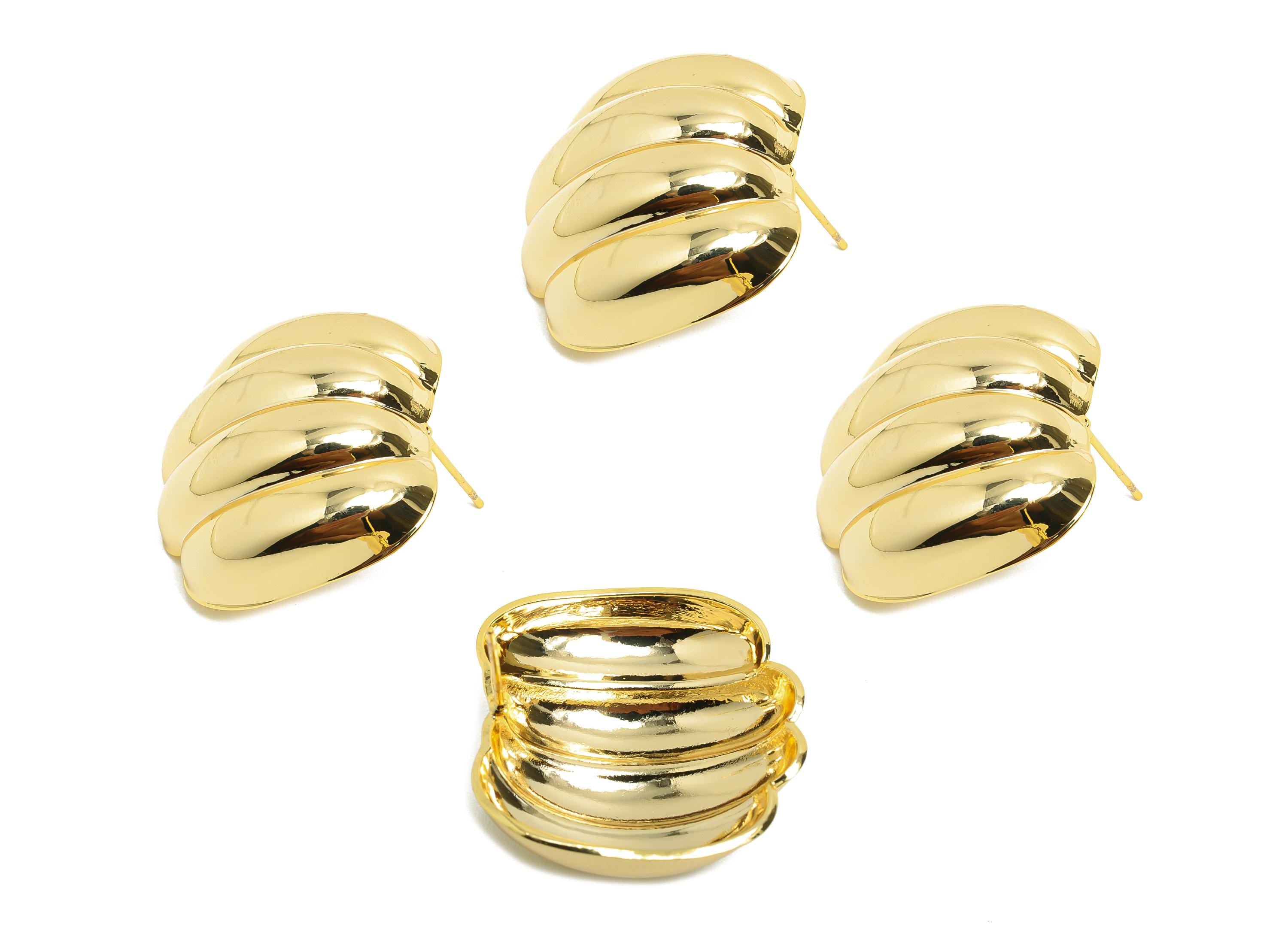 Curved Bold Earring Post - Brass Gold Three-Dimensional Stud Earring - 18k Real Gold Plating - Artistic Jewelry - 27x27x8mm - RGP10023 - DOMEDBAZAAR