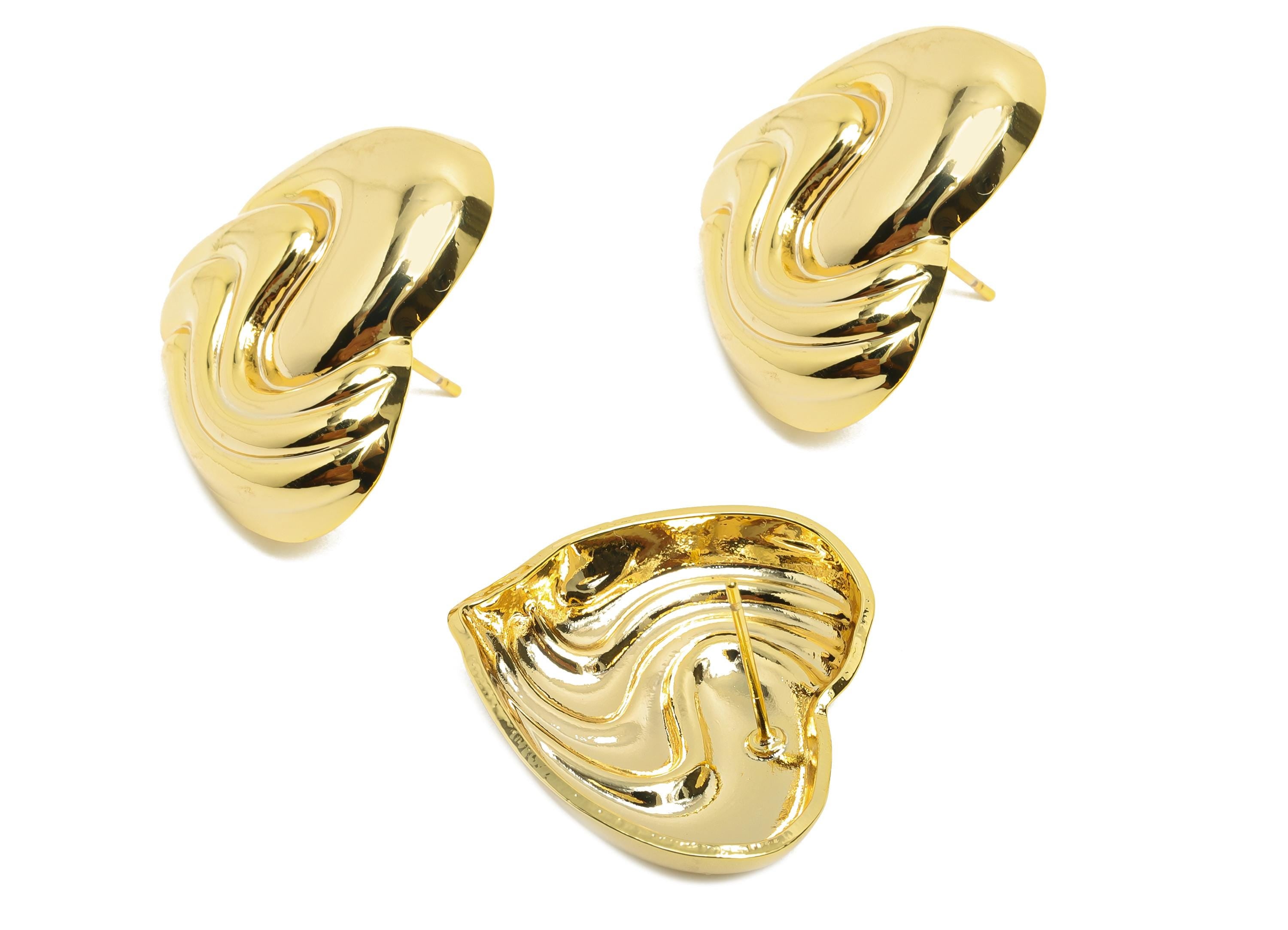Wavy Heart Stud Earring - Brass Sculpted Gold Heart Textured Earring Stud - Elegant Heart Stud - 18K Real Gold Plated - 27x24x5mm - RGP10027 - DOMEDBAZAAR