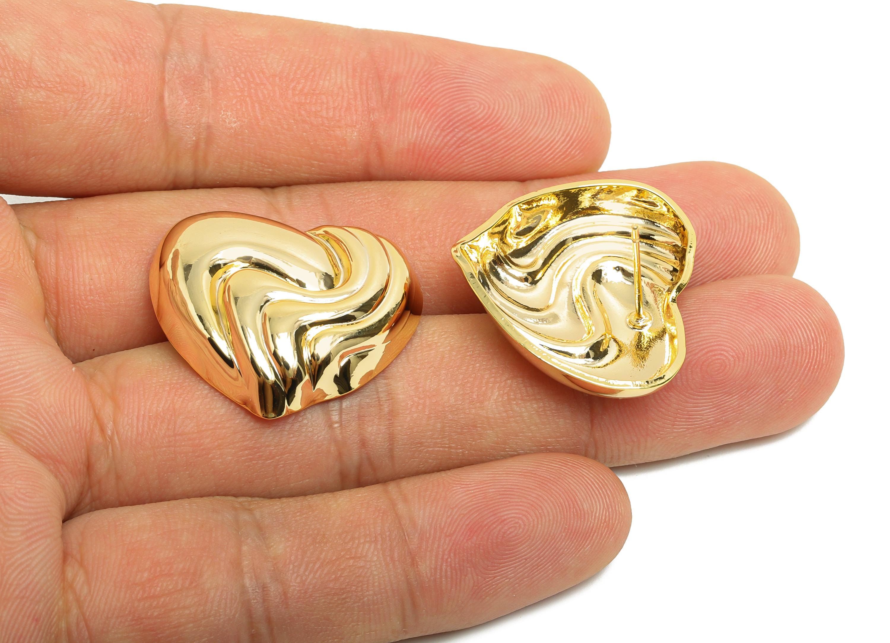 Wavy Heart Stud Earring - Brass Sculpted Gold Heart Textured Earring Stud - Elegant Heart Stud - 18K Real Gold Plated - 27x24x5mm - RGP10027 - DOMEDBAZAAR