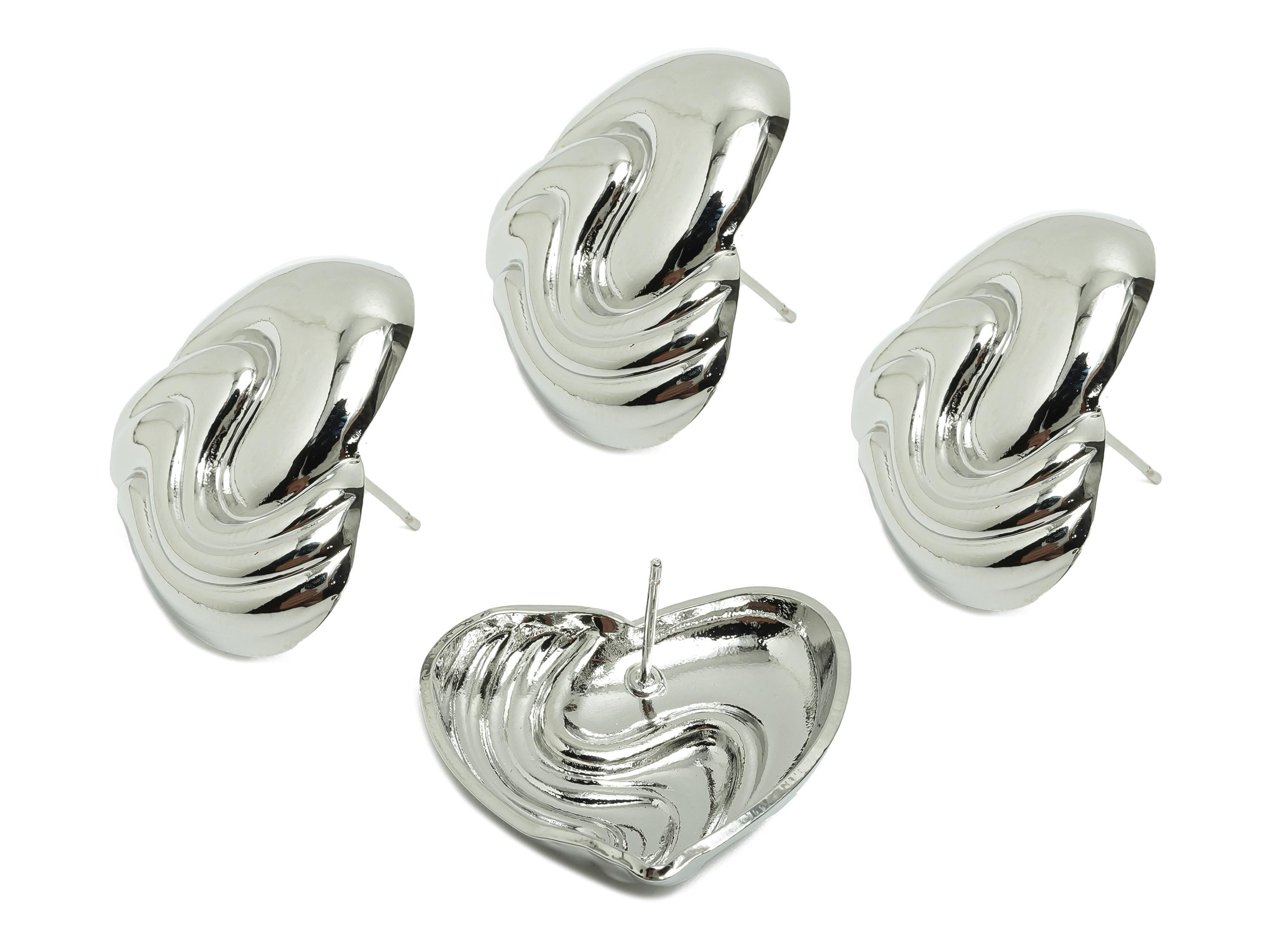 Wavy Heart Stud Earring - Brass Sculpted Heart Textured Earring Stud - Elegant Heart Stud - 18K Real White Gold Plated - 27x24x5mm -RGP10026 - DOMEDBAZAAR