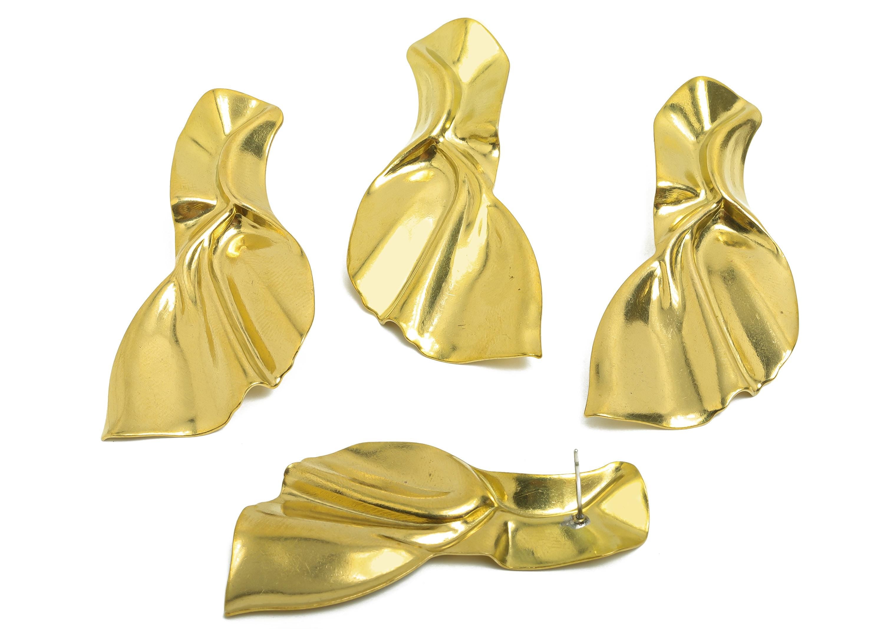 Vintage Irregular Earring - Raw Brass Contemporary Asymmetrical Drape Earring Stud - Sculpted Abstract Statement Earring - 60x31x3mm-PP10797 - DOMEDBAZAAR