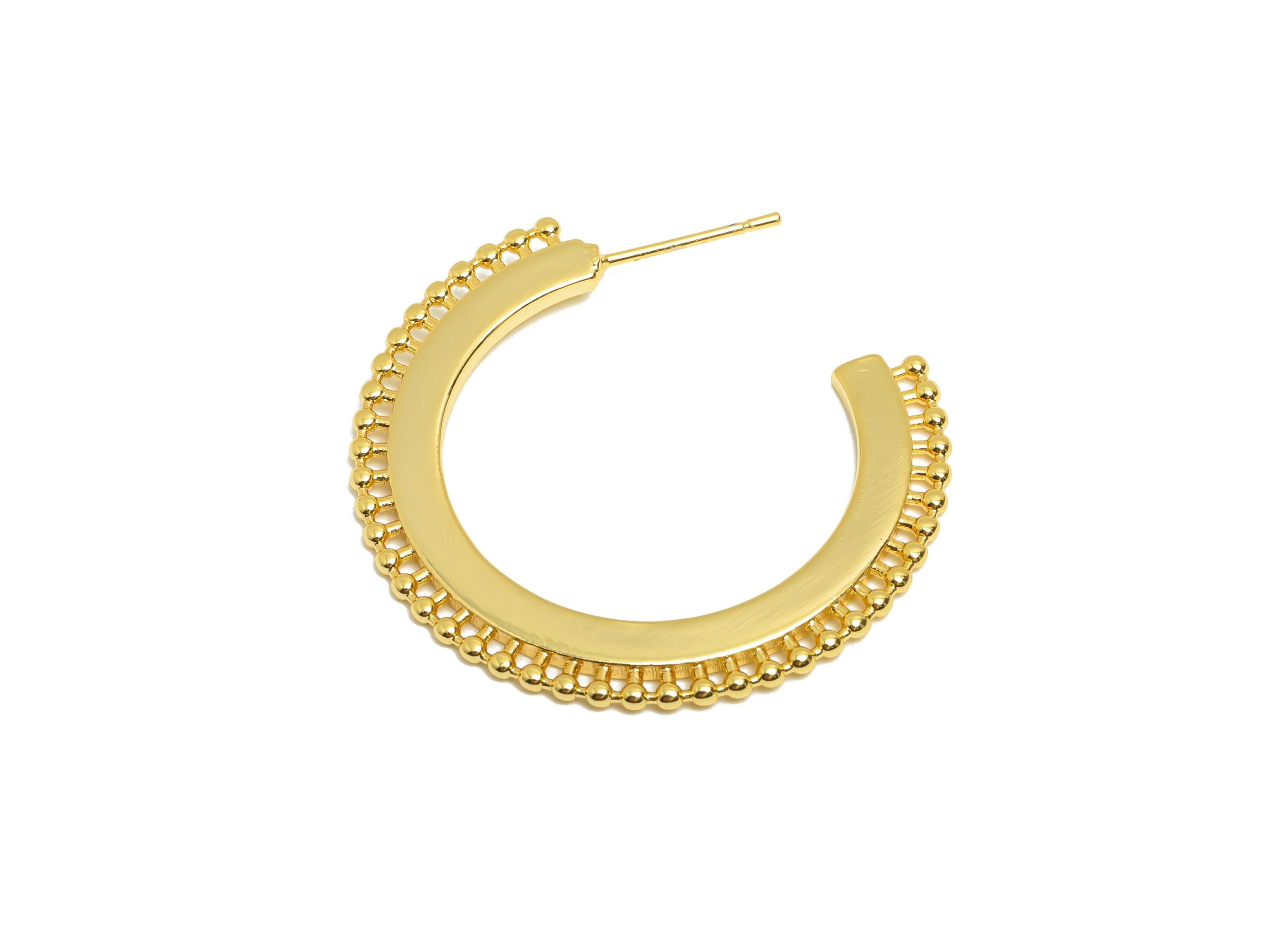 Brass Beaded Earring - Minimalist C Hoop Earring Stud - Gold Open Circle Earring Post - 18K Real Gold Plating - 35.19x5.55x1.64mm - RGP8973 - DOMEDBAZAAR