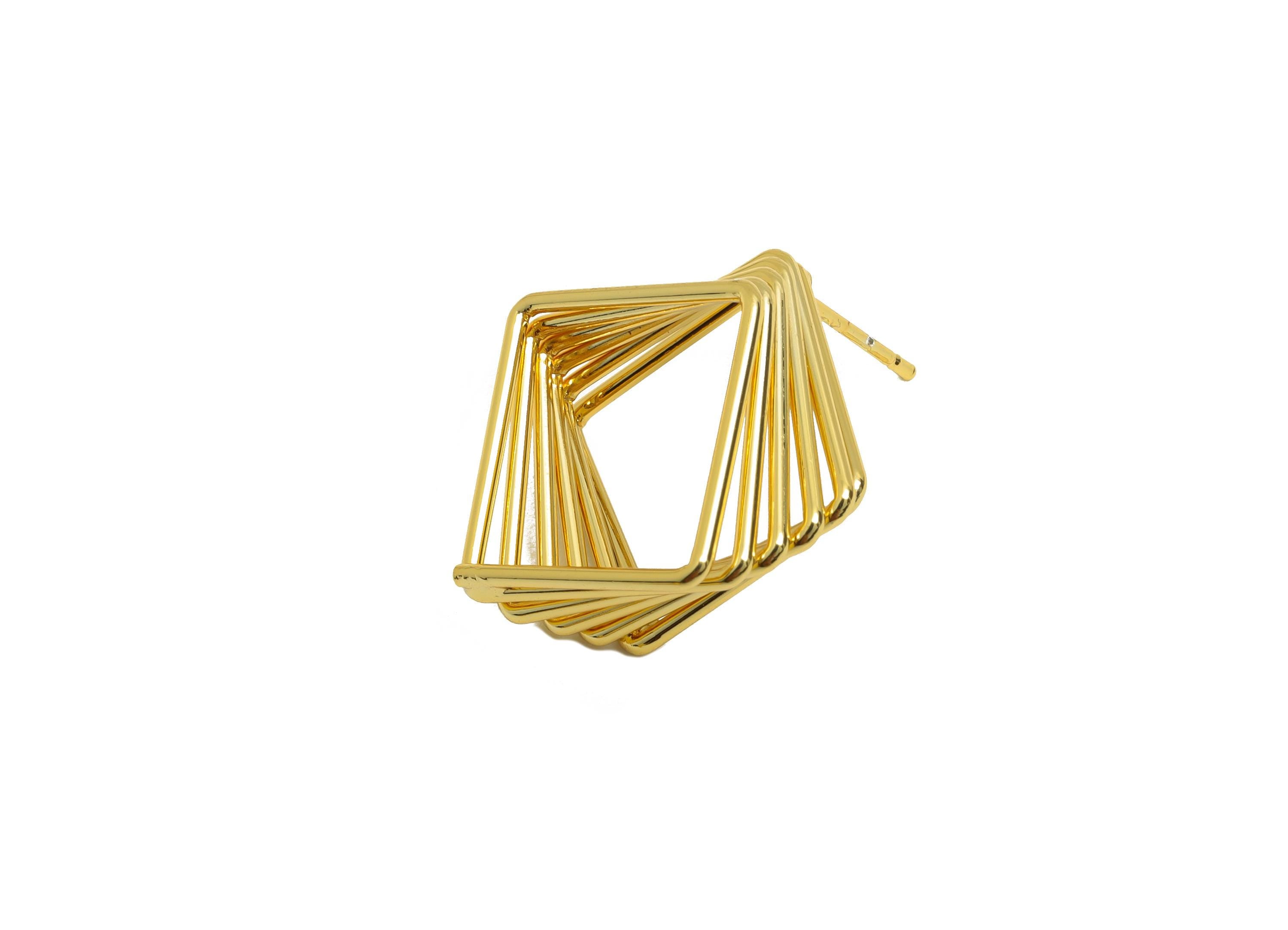 Brass Layered Earring Stud - Gold Square Earring Post for Women - Geometric Daily Wear Ear - 18K Real Gold Plated-15.93x15.93x1.36mm-RGP8975 - DOMEDBAZAAR