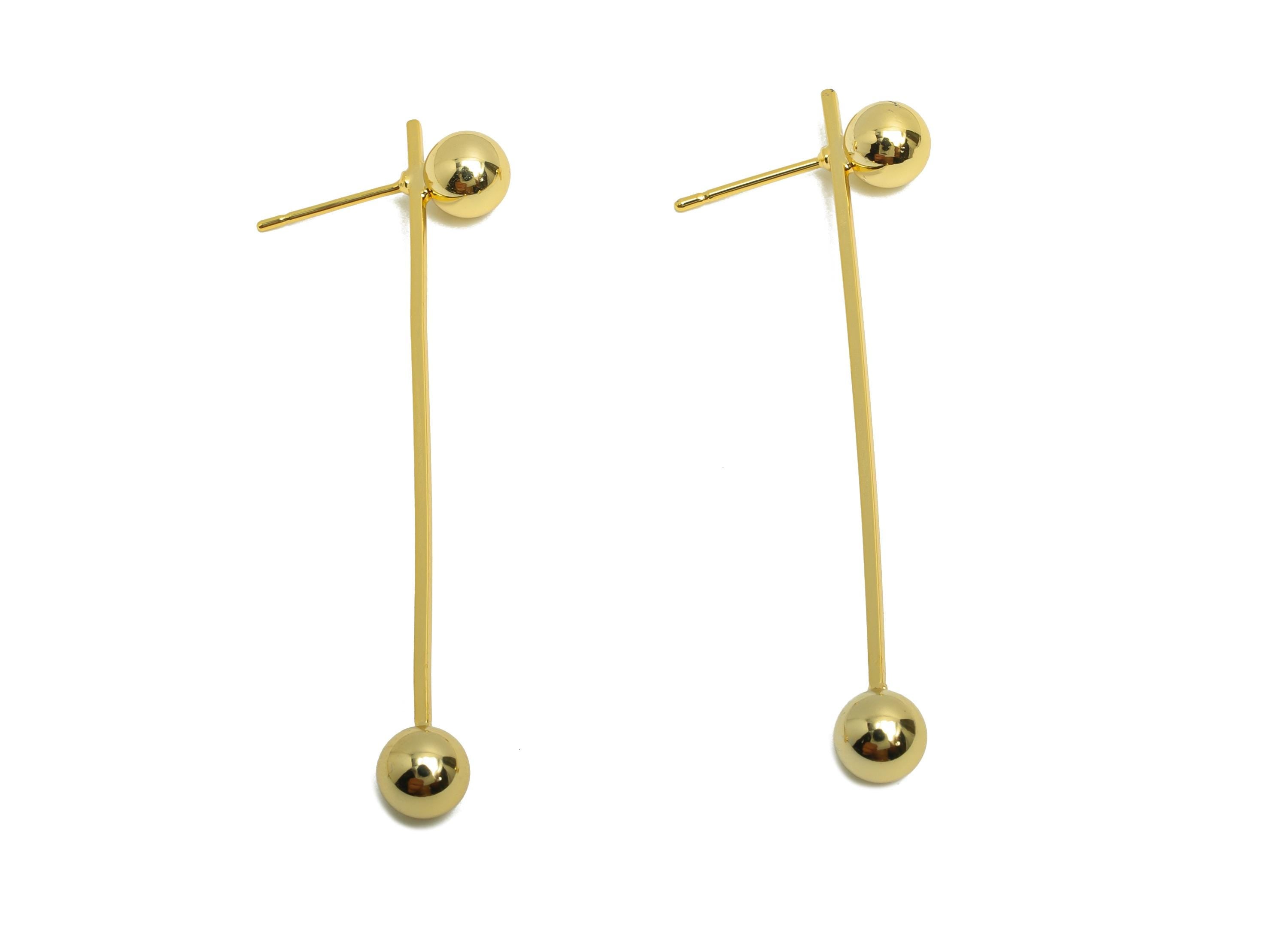 Brass Bar Ball Earring Stud - Gold Earring Post for Woman's - Beads Ball Bar Stud Earring - 18K Real Gold Plating - 55.4x6.05x1mm - RGP8728 - DOMEDBAZAAR