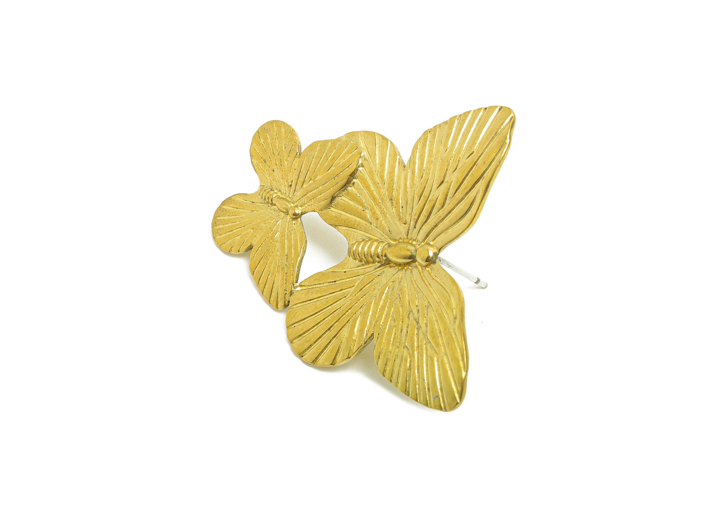 Layered Butterfly Stud Earring - Raw Brass Textured Butterfly Earring Stud - Brass Nature-Inspired Butterfly Earrings - 40x31x2mm - PP10816 - DOMEDBAZAAR