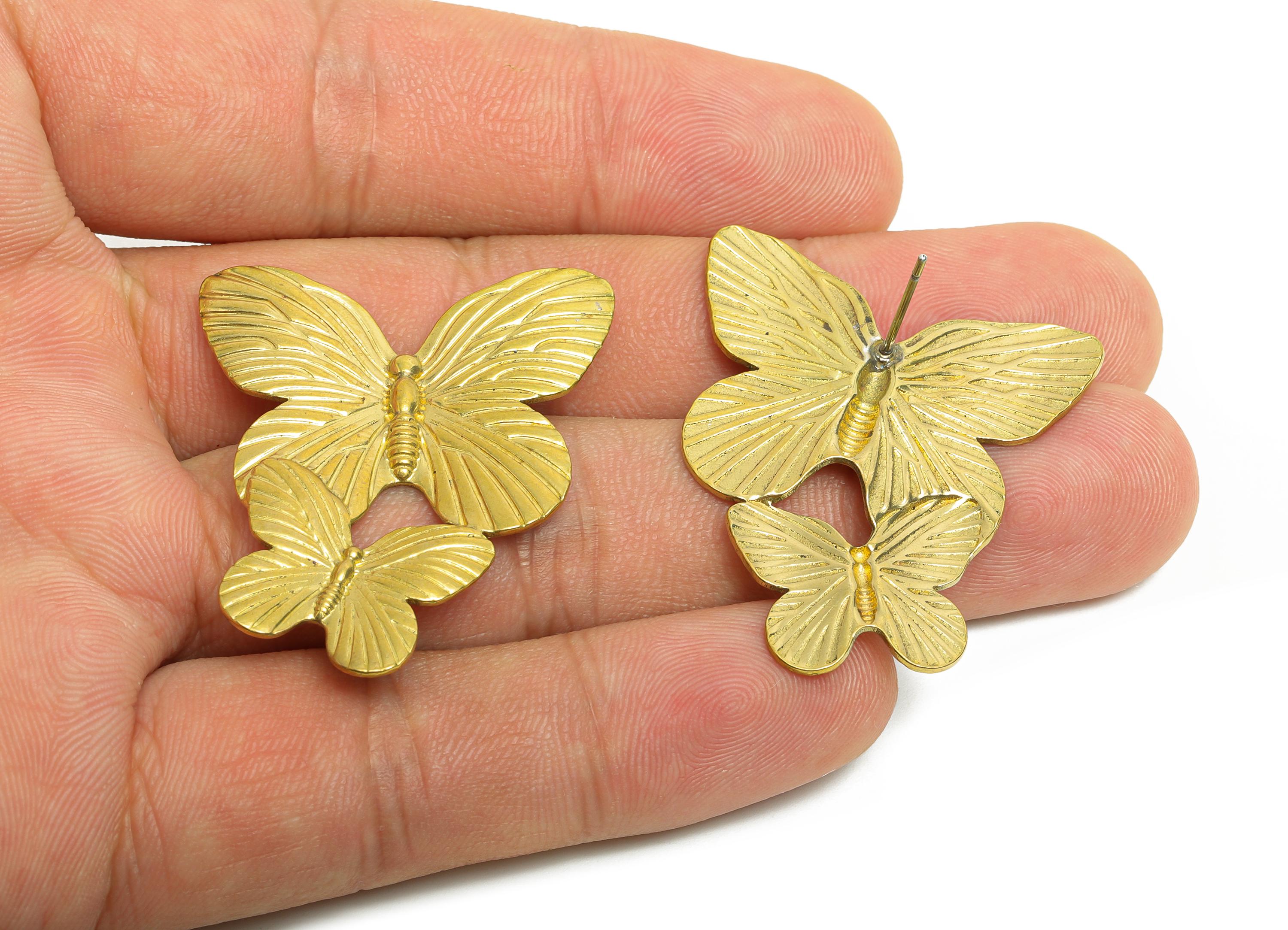 Layered Butterfly Stud Earring - Raw Brass Textured Butterfly Earring Stud - Brass Nature-Inspired Butterfly Earrings - 40x31x2mm - PP10816 - DOMEDBAZAAR