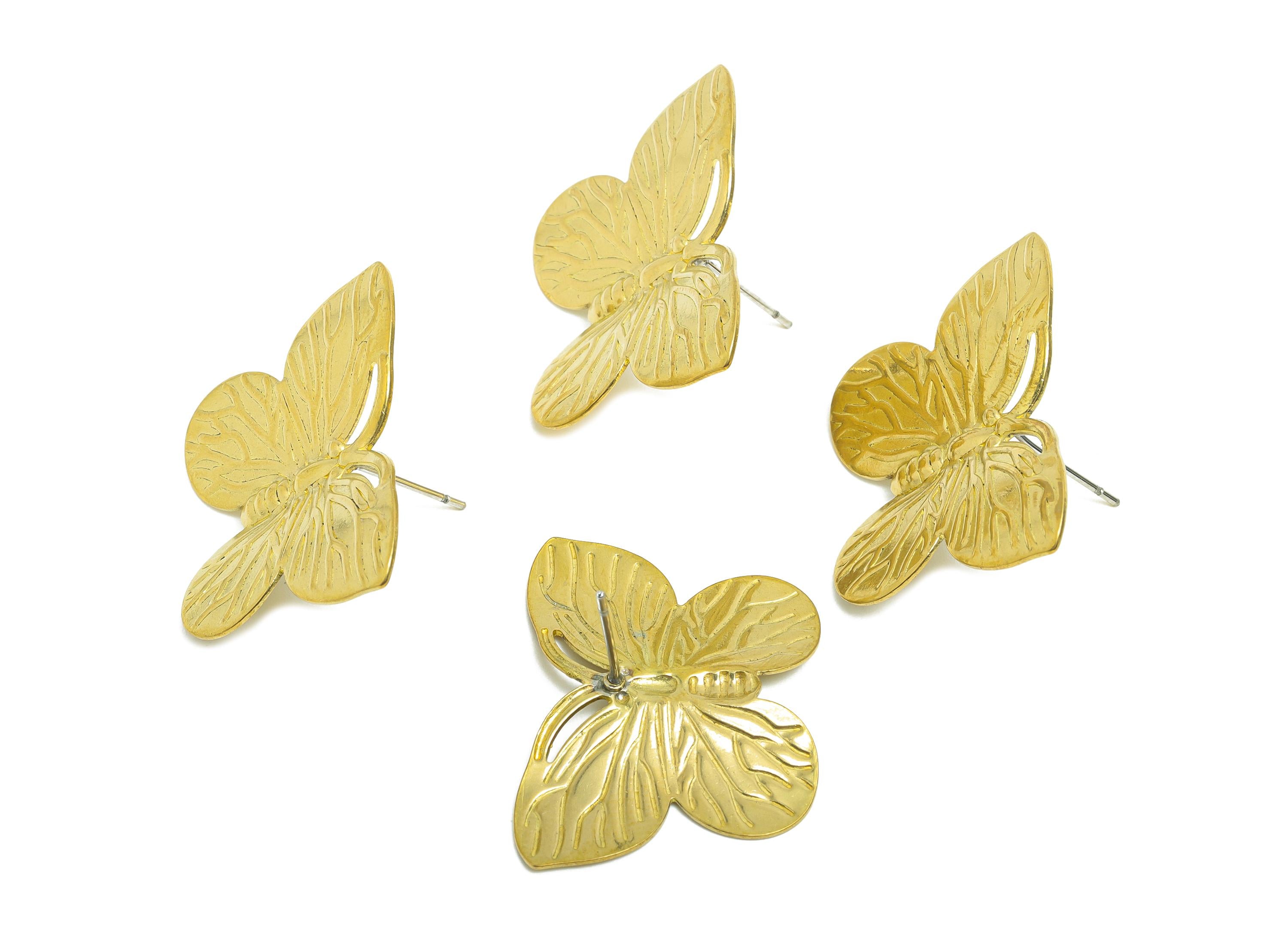 Brass Butterfly Stud Earring - Raw Brass Textured Butterfly Earring Stud - Brass Nature-Inspired Butterfly Earrings - 30x22x3mm - PP10810 - DOMEDBAZAAR