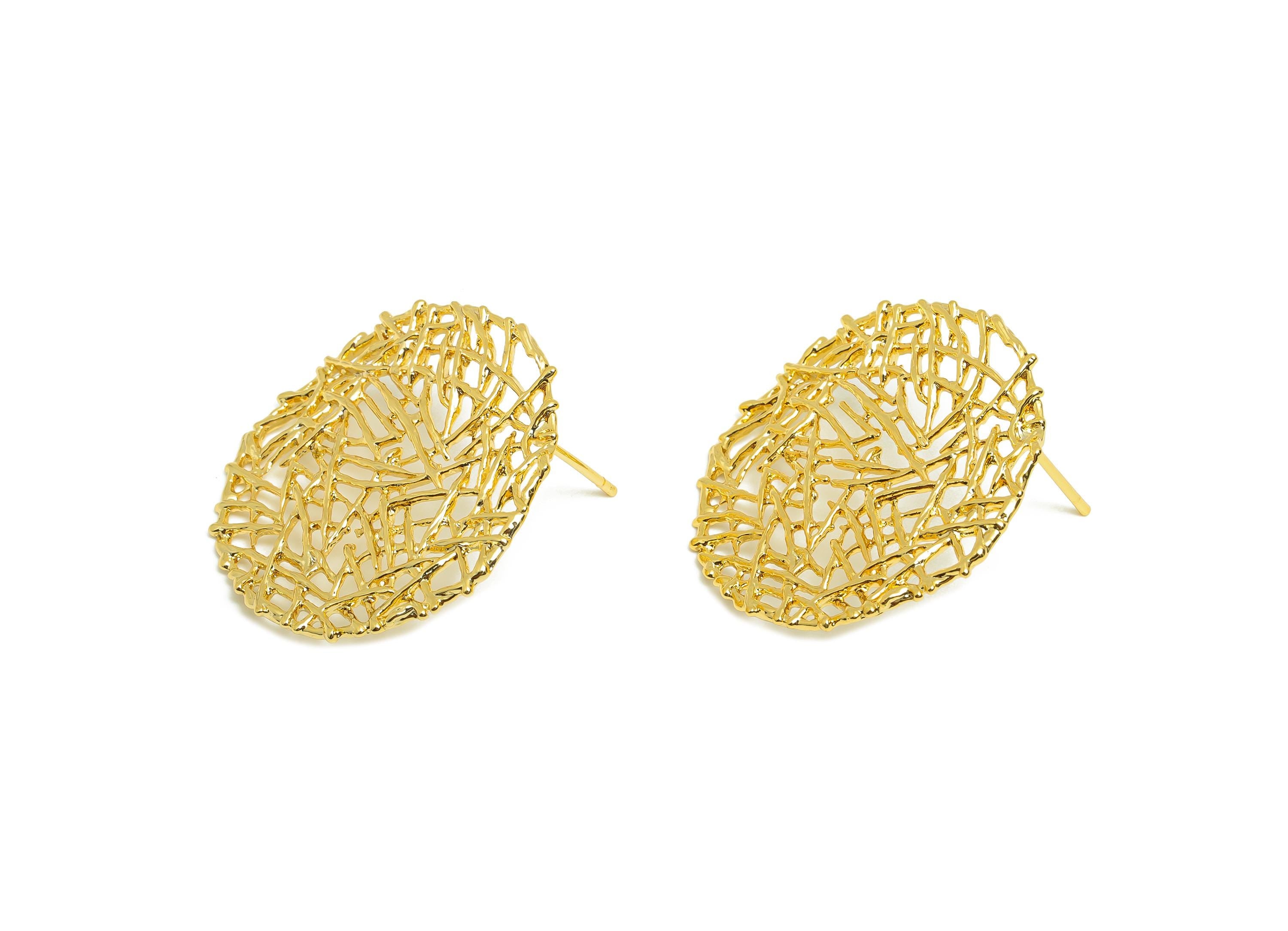Brass Round Mesh Earring - Gold Textured Ear Post for Girls - Daily Wear Earring Stud - 18K Real Gold Plating - 29.29x29.29x1.47mm - RGP8980 - DOMEDBAZAAR