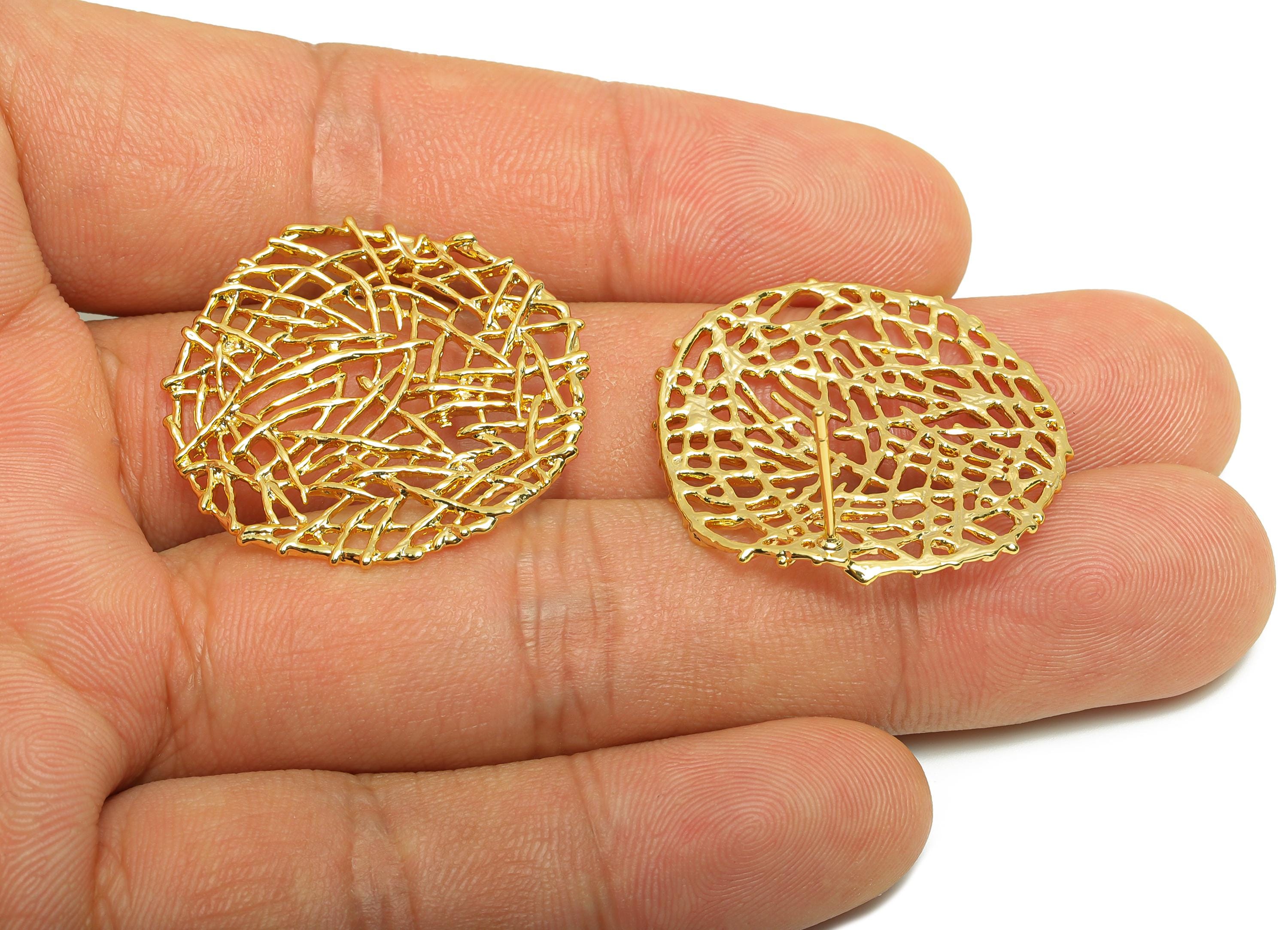 Brass Round Mesh Earring - Gold Textured Ear Post for Girls - Daily Wear Earring Stud - 18K Real Gold Plating - 29.29x29.29x1.47mm - RGP8980 - DOMEDBAZAAR