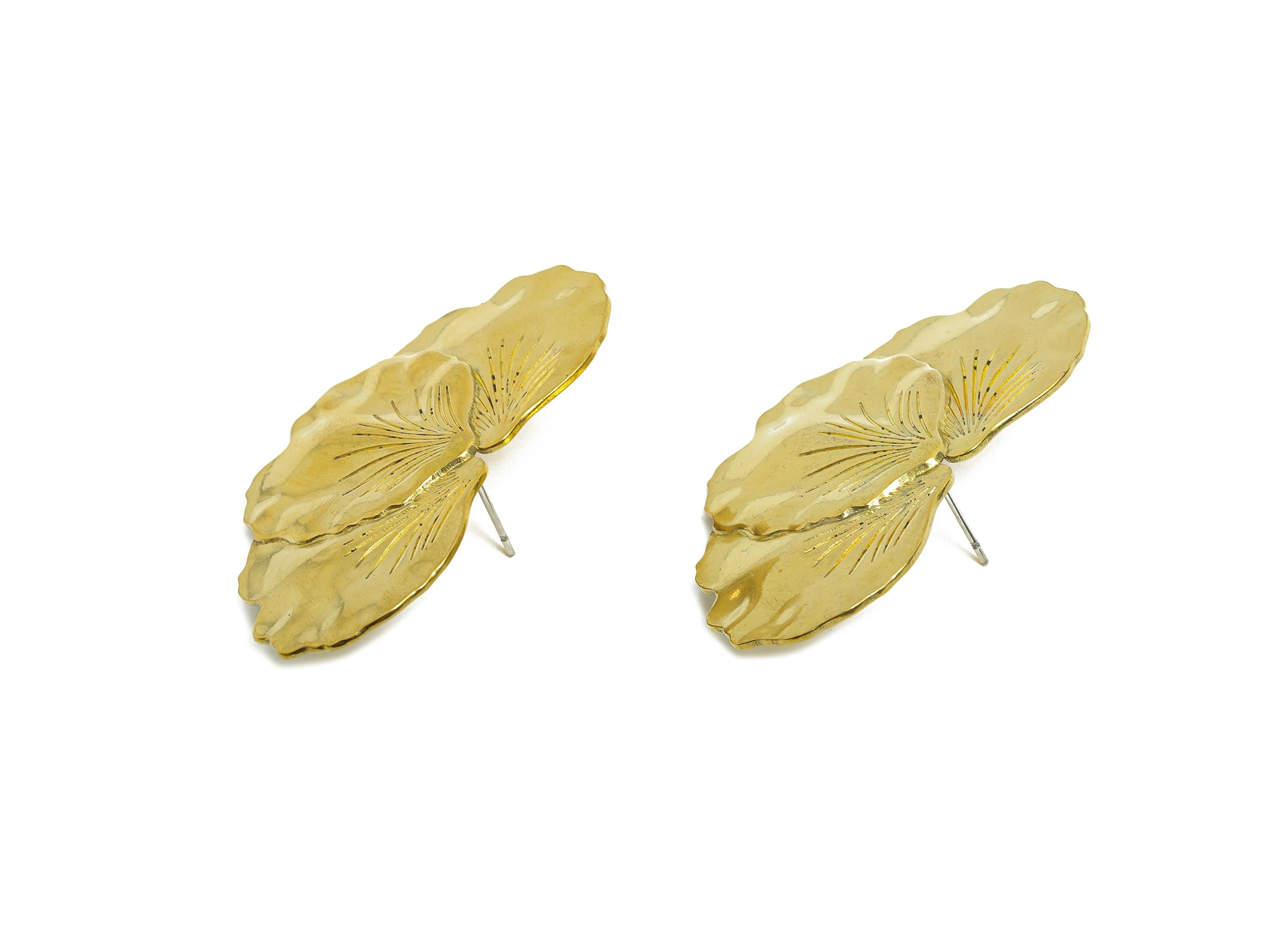 Delicate Leaf Earring Post - Raw Brass Textured Petal with Floral Earring Post - Brass Petal Earring Intricate Floral - 47x29x2mm - PP10812 - DOMEDBAZAAR