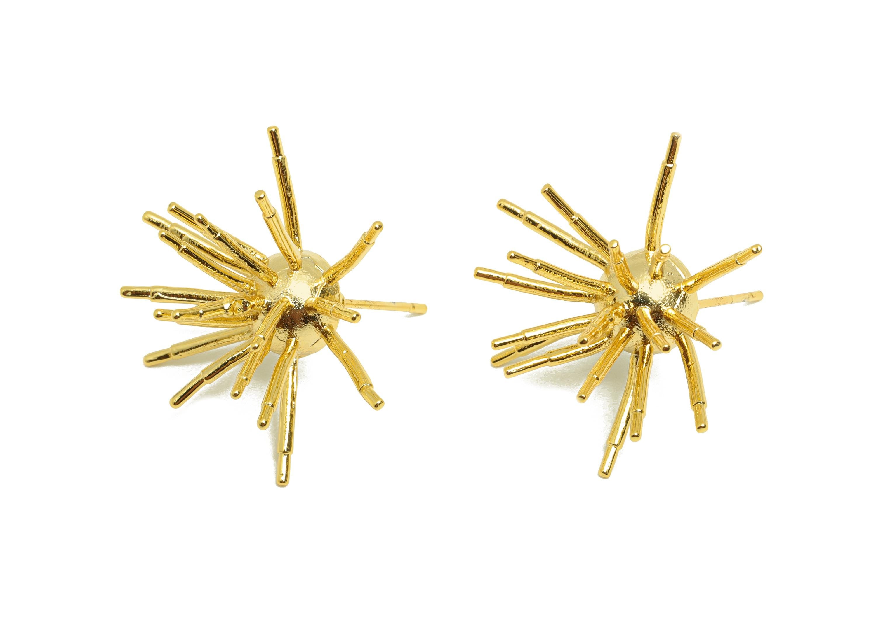 Brass Spikes Earring - Sea Urchin Earring Stud for Women - Gold Textured Earring Post - 18K Real Gold Plating - 28.04x14.58x1.25mm - RGP8981 - DOMEDBAZAAR
