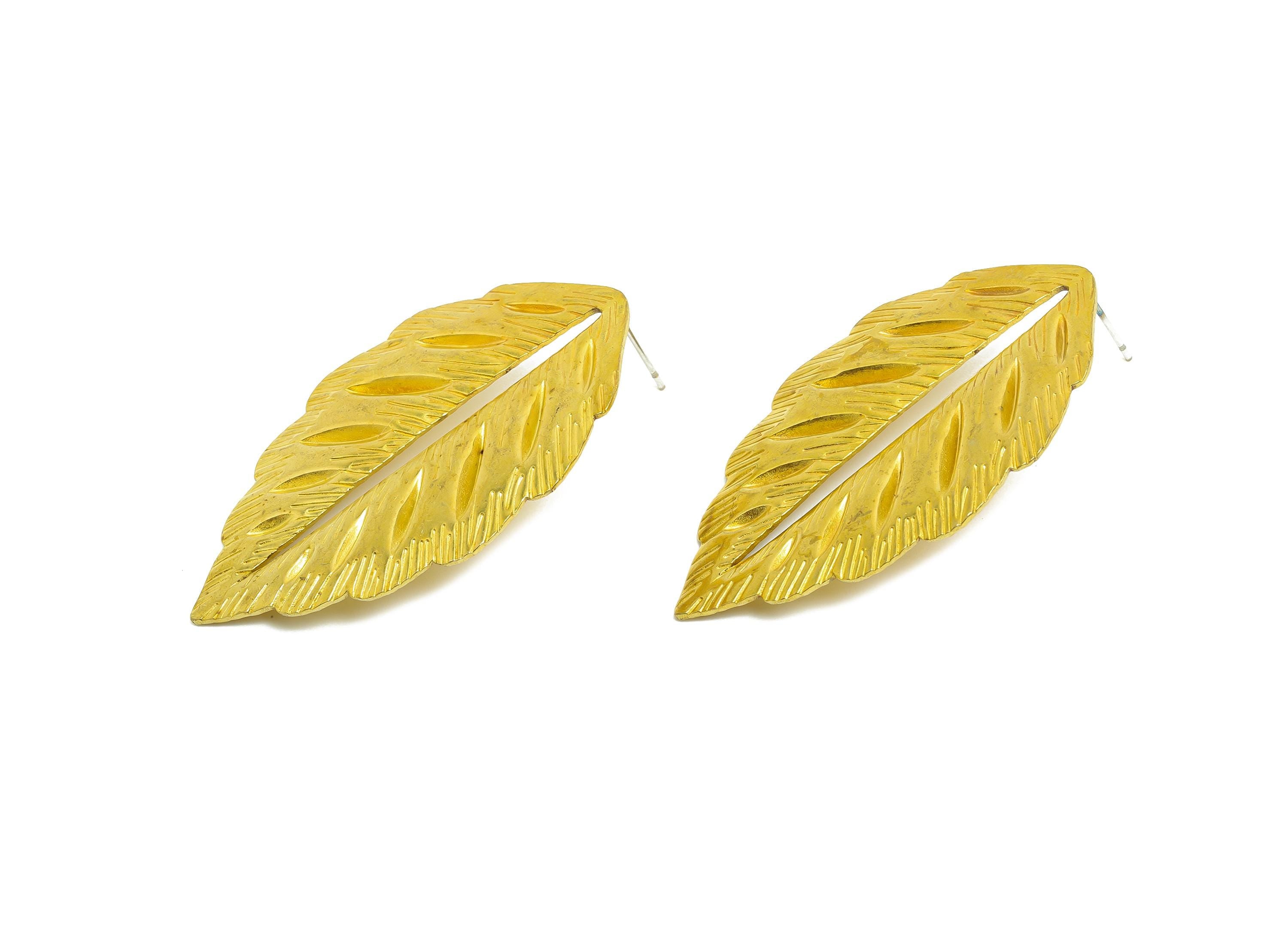 Brass Leaf Earring Post - Raw Brass Elegant Cutout Leaf Design Earring Stud - Brass Bold Textured Leaf Earring - 50x30x2.3mm - PP10785 - DOMEDBAZAAR