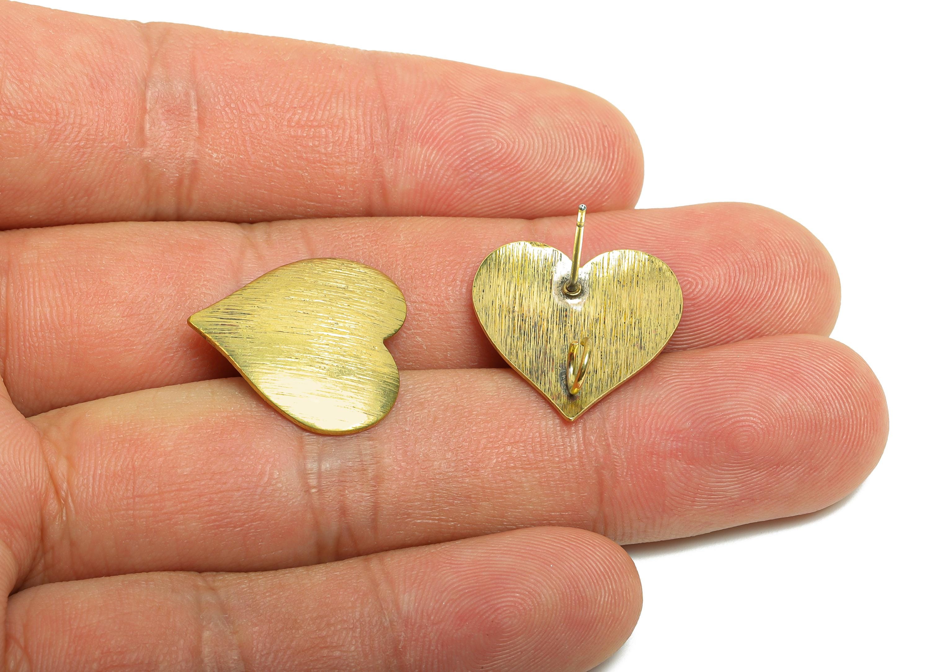 Brass Heart Stud Earring - Raw Brass Textured Heart Earring Stud With Loop - Brass Artistic Jewelry For Earring - 3.7x19x19.2mm - PP10798 - DOMEDBAZAAR