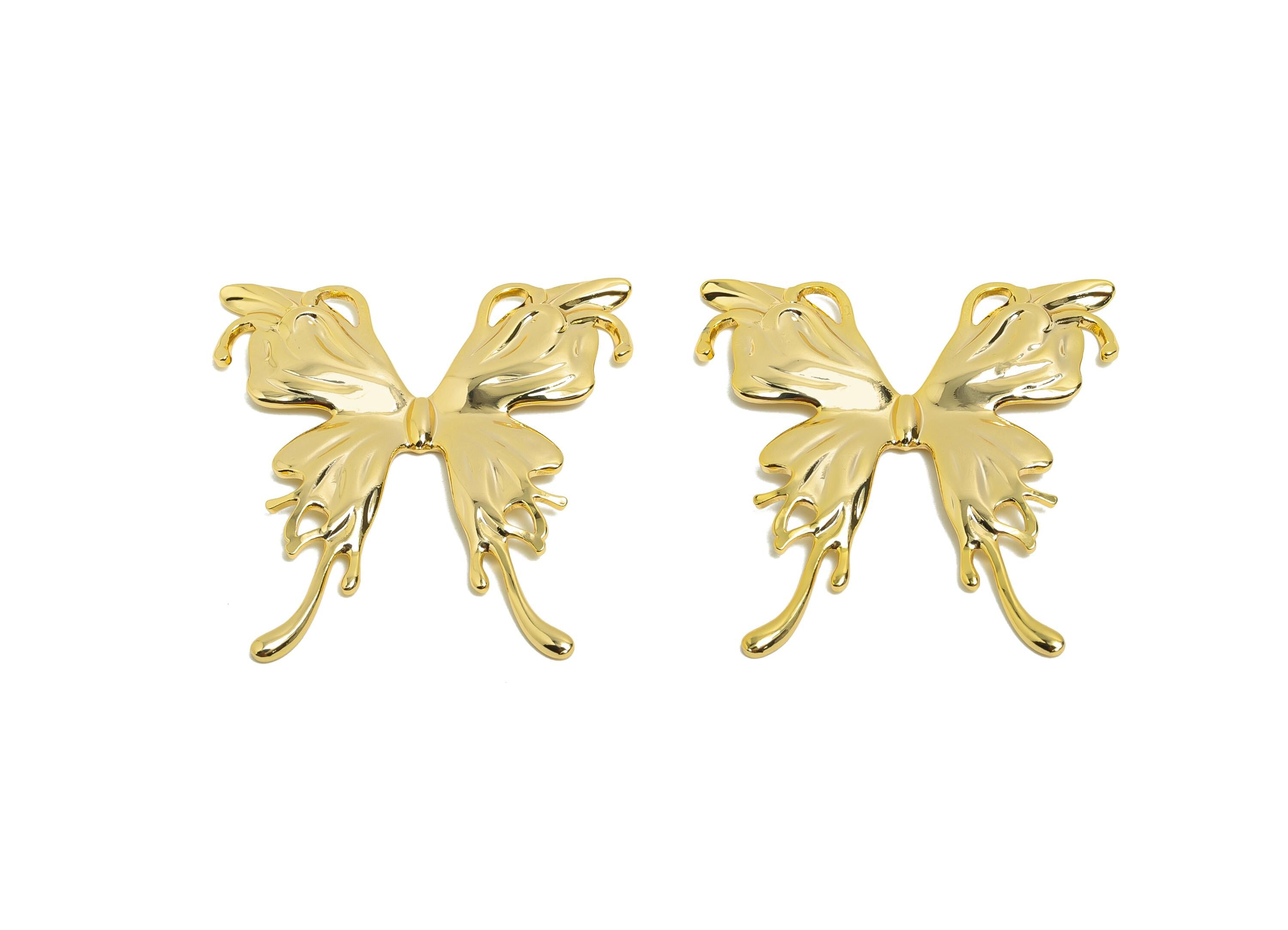 Brass Butterfly Earring Charm - Brass Ornate Butterfly Flowing Wing - Decorative Necklace - 18k Real Gold Plating - 43x41x2mm - RGP10033 - DOMEDBAZAAR