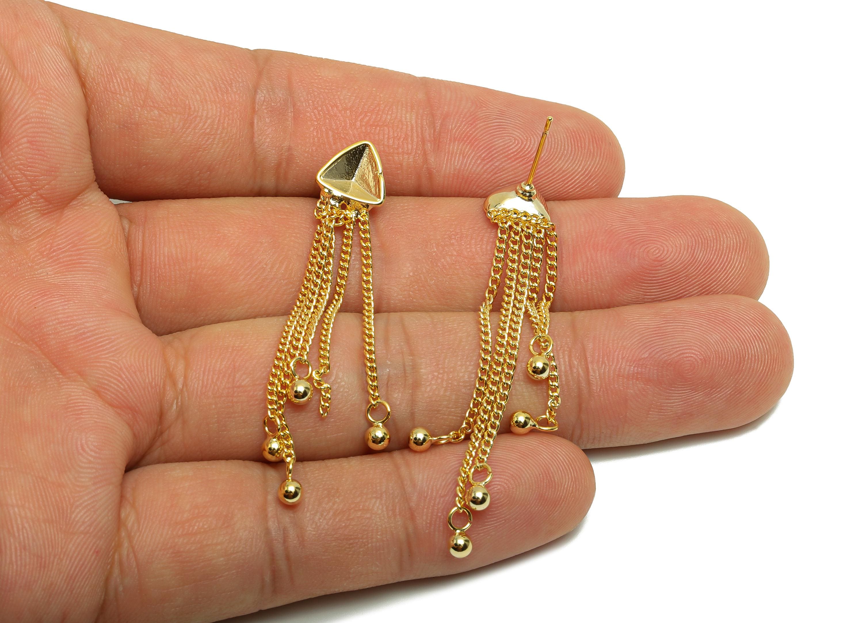 Brass Triangle Tassel Ear - Gold Triangle Setting Ear Post for Woman - Ear with Beaded Ends - 18K Real Gold Plated- 51.89x8.8x1.71mm-RGP8739 - DOMEDBAZAAR