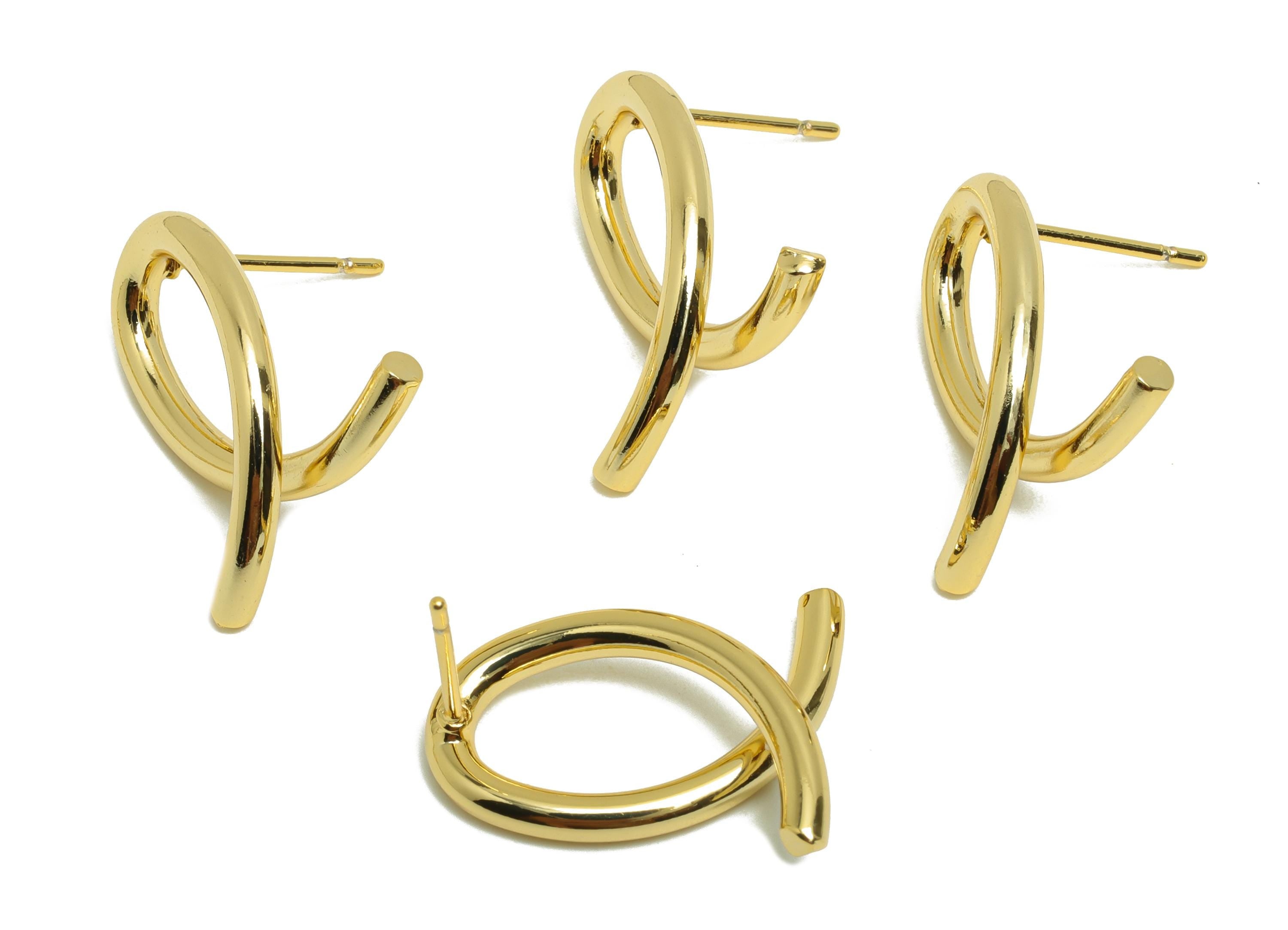 Brass Oval Earring - Twisted Oval Earring Post for Woman's - Gold Smooth Earring Stud - 18K Real Gold Plating - 19.5x15.4x2.21mm - RGP8740 - DOMEDBAZAAR