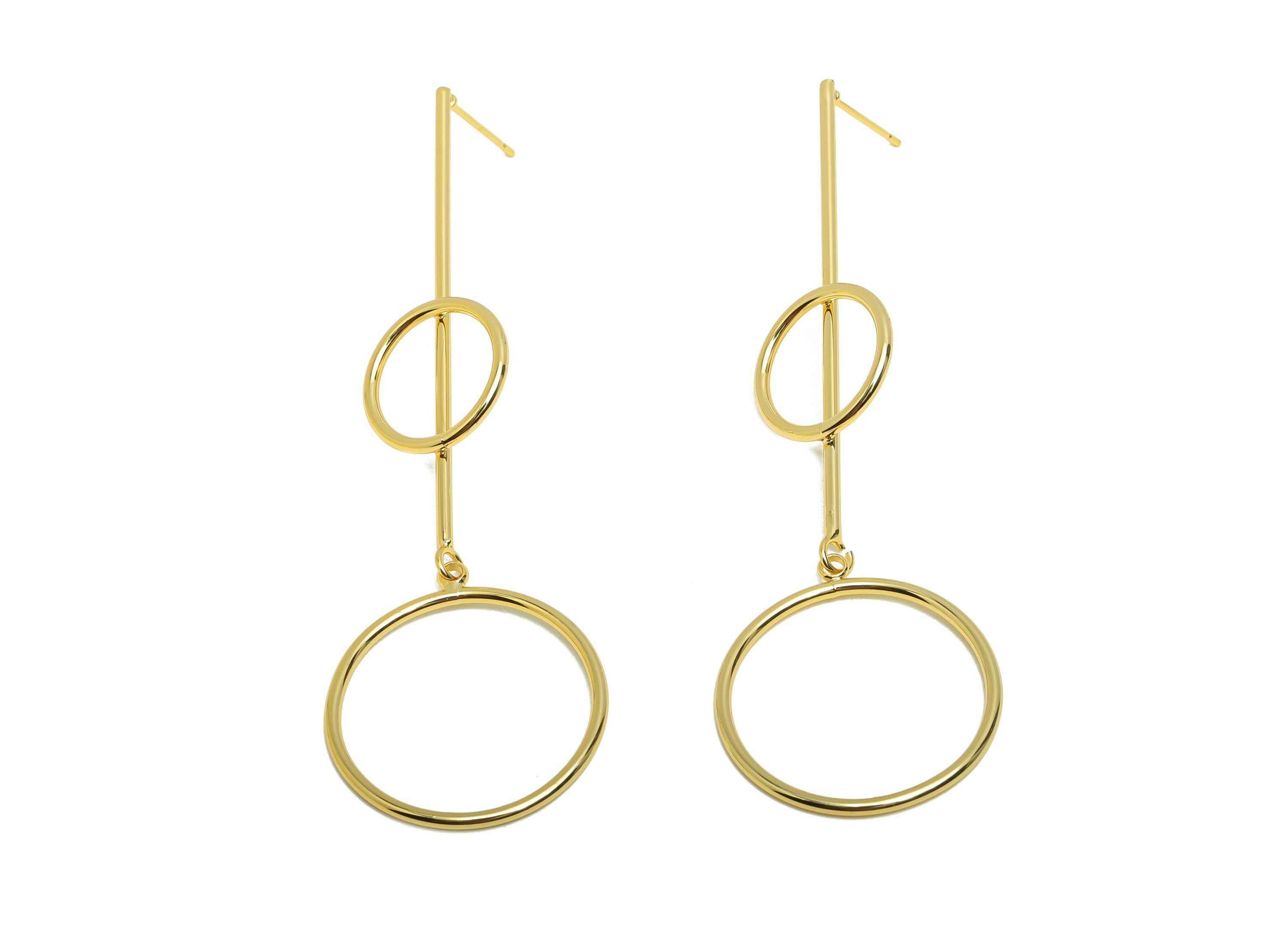 Brass Bar Circle Earring Stud - Long Bar Earring Post for Woman - Gold Hoop Dangle Ear - 18K Real Gold Plating - 78.96x25.9x1.5mm - RGP8745 - DOMEDBAZAAR