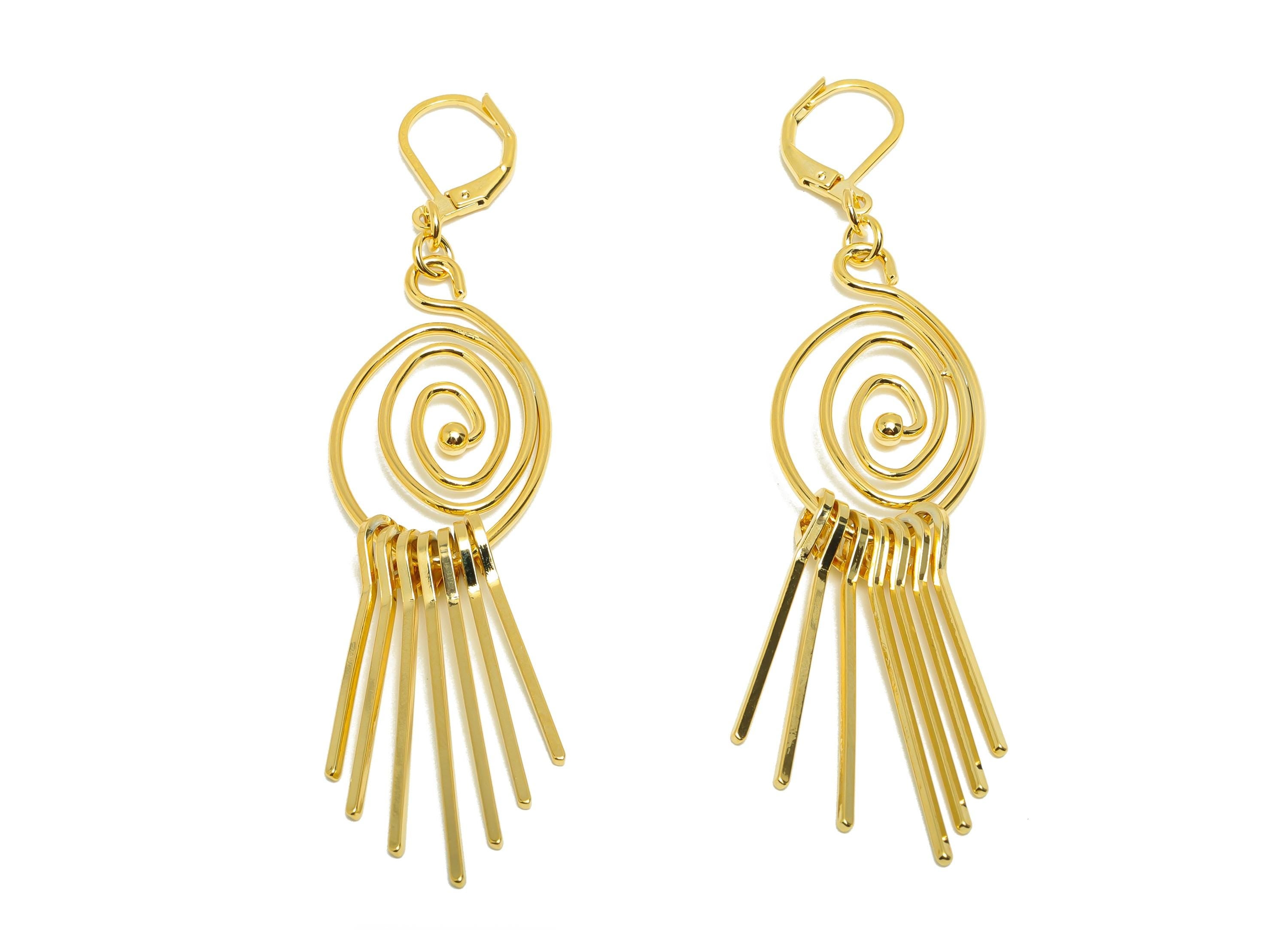 Brass Spiral Fringe Earring - Oval Laverack Earring for Woman - Gold Spiral Dangle Earring - 18K Real Gold Plating - 82x18x1.5mm - RGP8746 - DOMEDBAZAAR