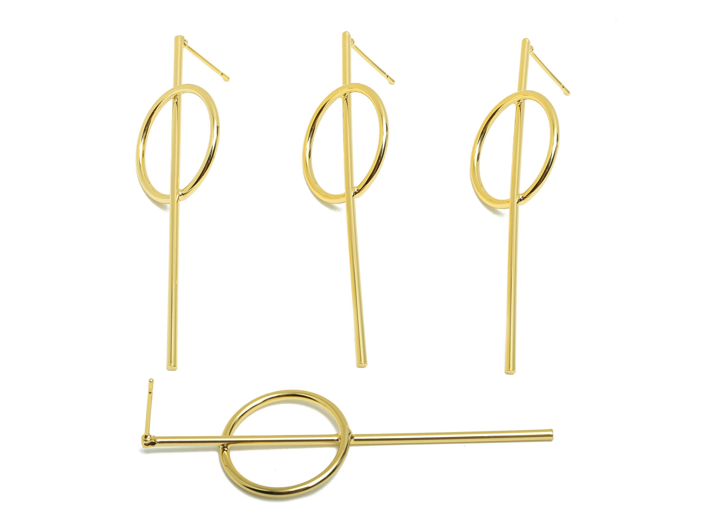 Brass Long Bar Earring Stud - Circle Earring Post for Woman - Gold Daily Wear Earring - 18K Real Gold Plating - 62.44x19.85x1.45mm - RGP8747 - DOMEDBAZAAR