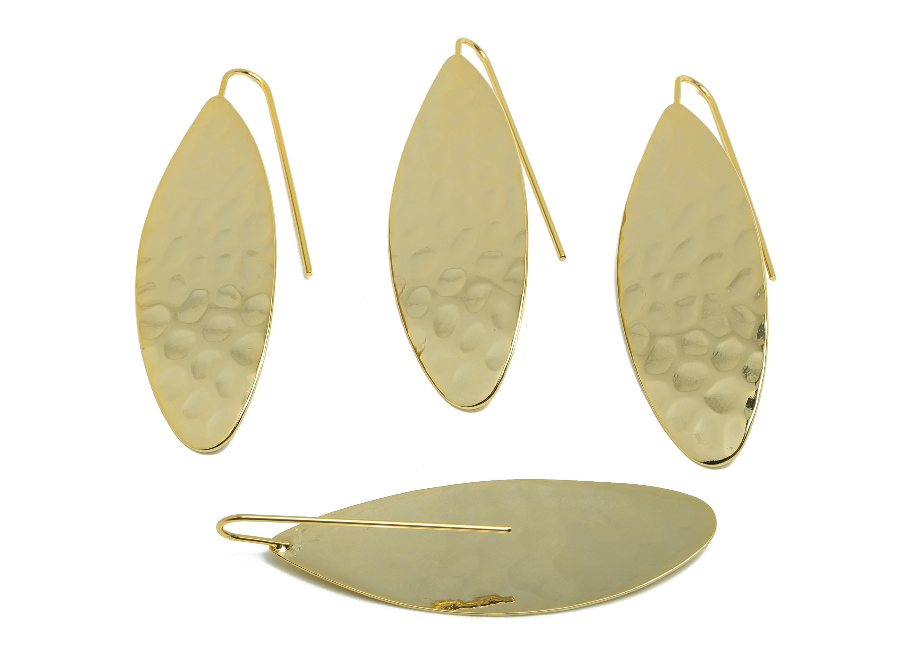 Brass Teardrop Leaf Earring - Gold Hammered Earring Wire for Woman's - Drop Leaves Ear - 18K Real Gold Plating - 45.86x17.52x0.9mm - RGP8748 - DOMEDBAZAAR