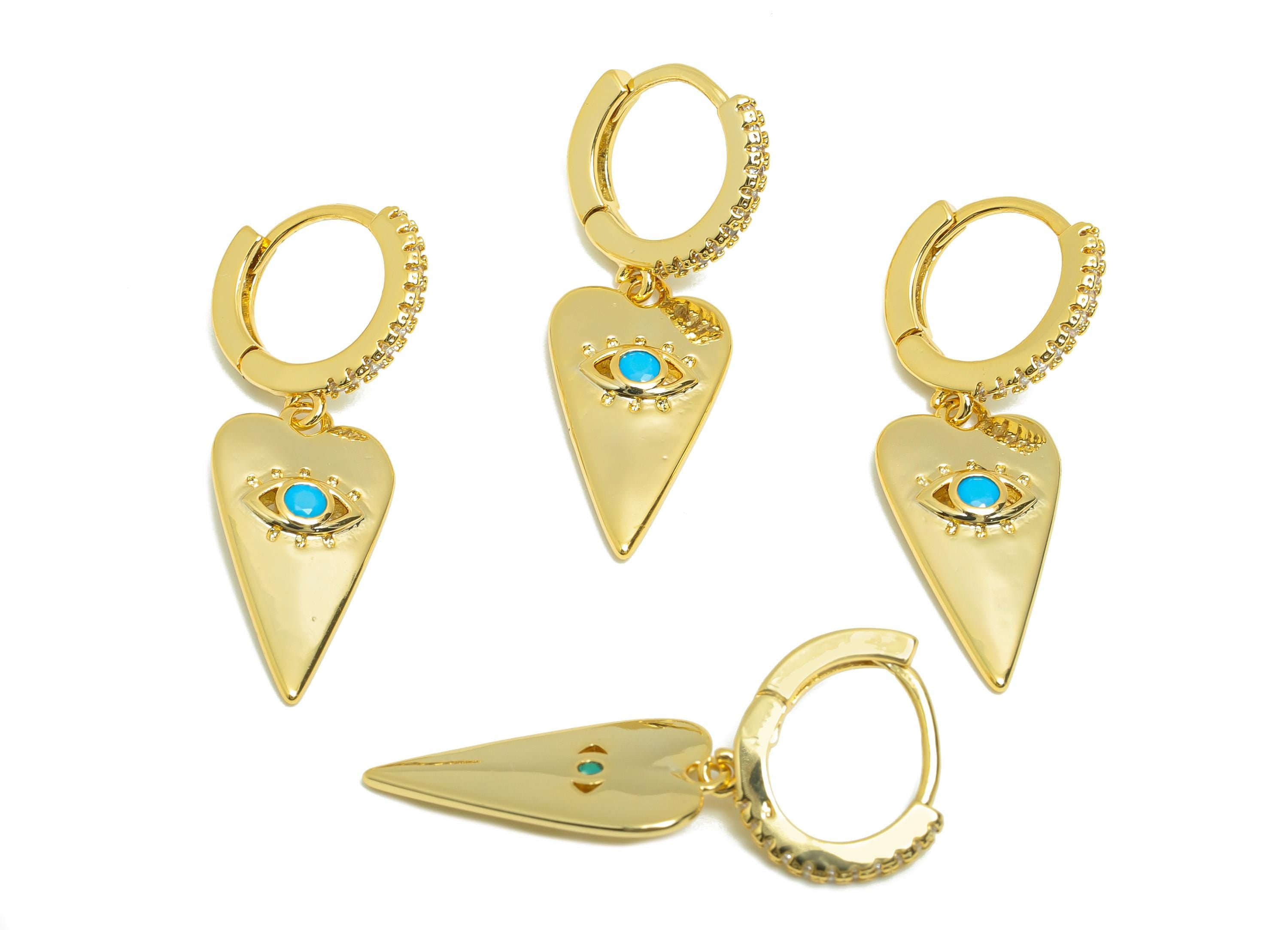 Heart Dangle Huggie Earring - Brass Hoop Earring for Girl - Gold Zircon Eye Dangle Earring - 18K Real Gold Plated-32.53x13.38x2.11mm-RGP8996 - DOMEDBAZAAR