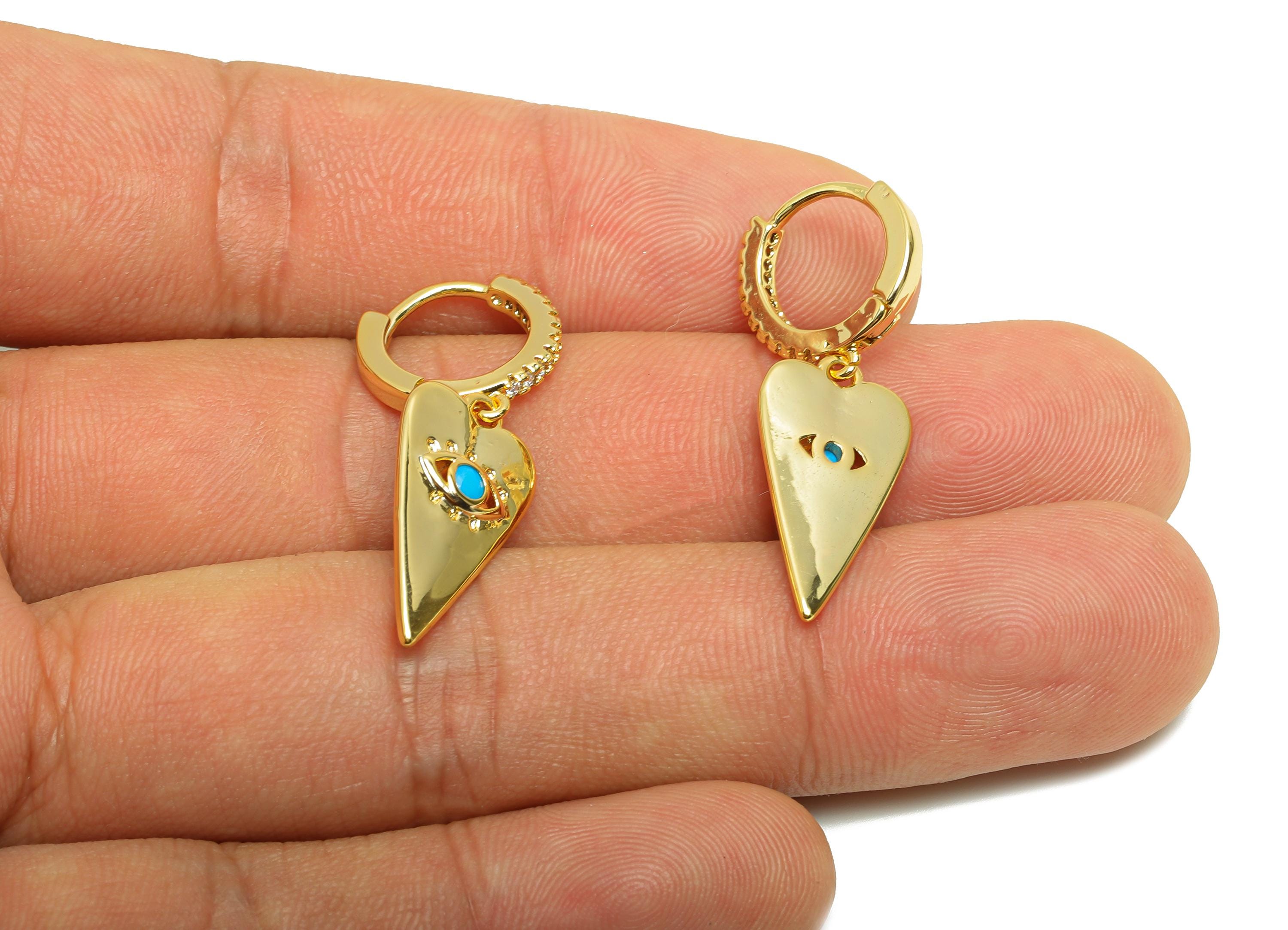 Heart Dangle Huggie Earring - Brass Hoop Earring for Girl - Gold Zircon Eye Dangle Earring - 18K Real Gold Plated-32.53x13.38x2.11mm-RGP8996 - DOMEDBAZAAR