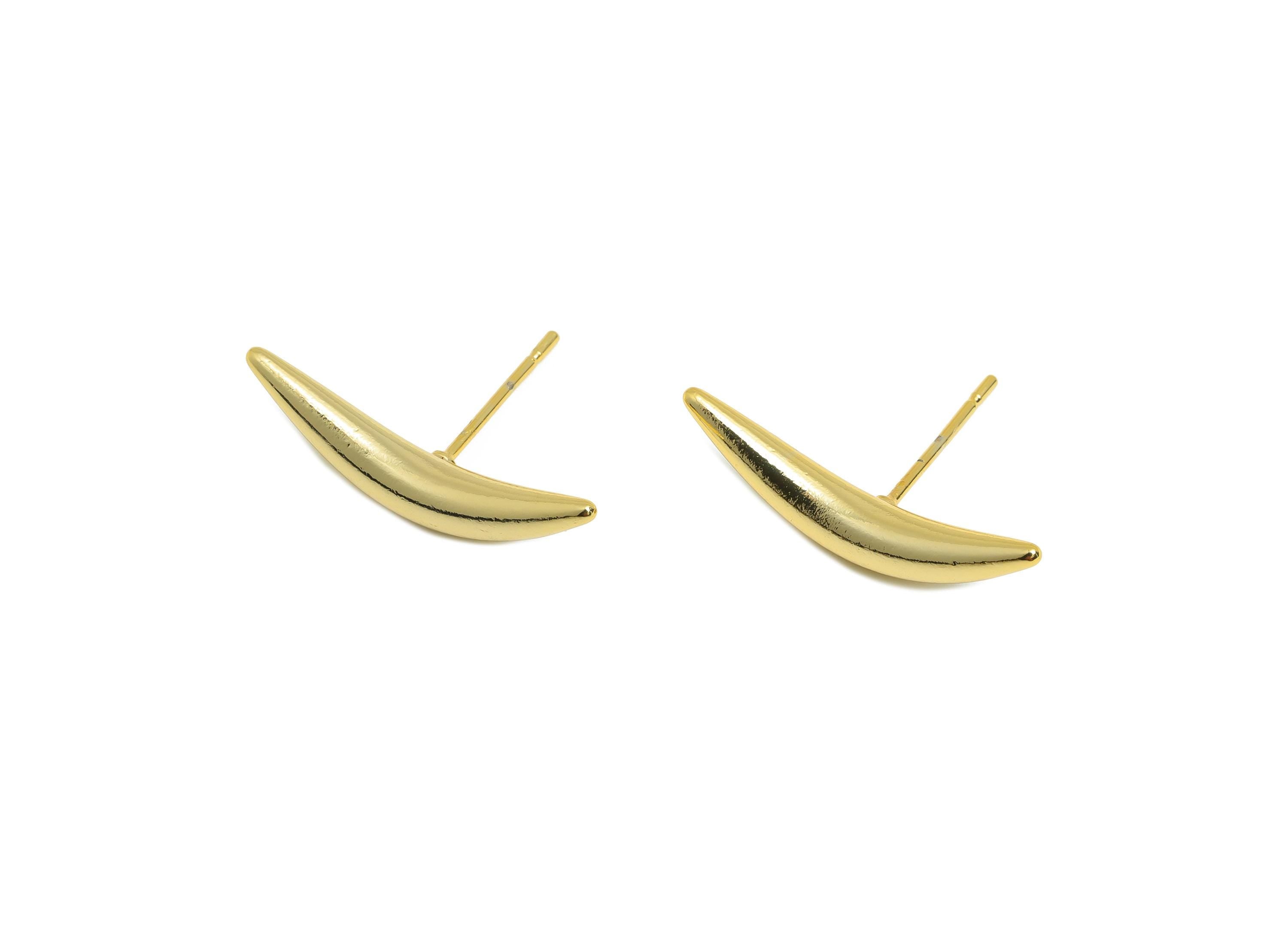 Brass Horn Earring Stud - Spikes Earring Post for Woman - Gold Curved Bar Daily Wear Ear - 18K Real Gold Plating - 23.11x4.04x3.86mm-RGP9000 - DOMEDBAZAAR