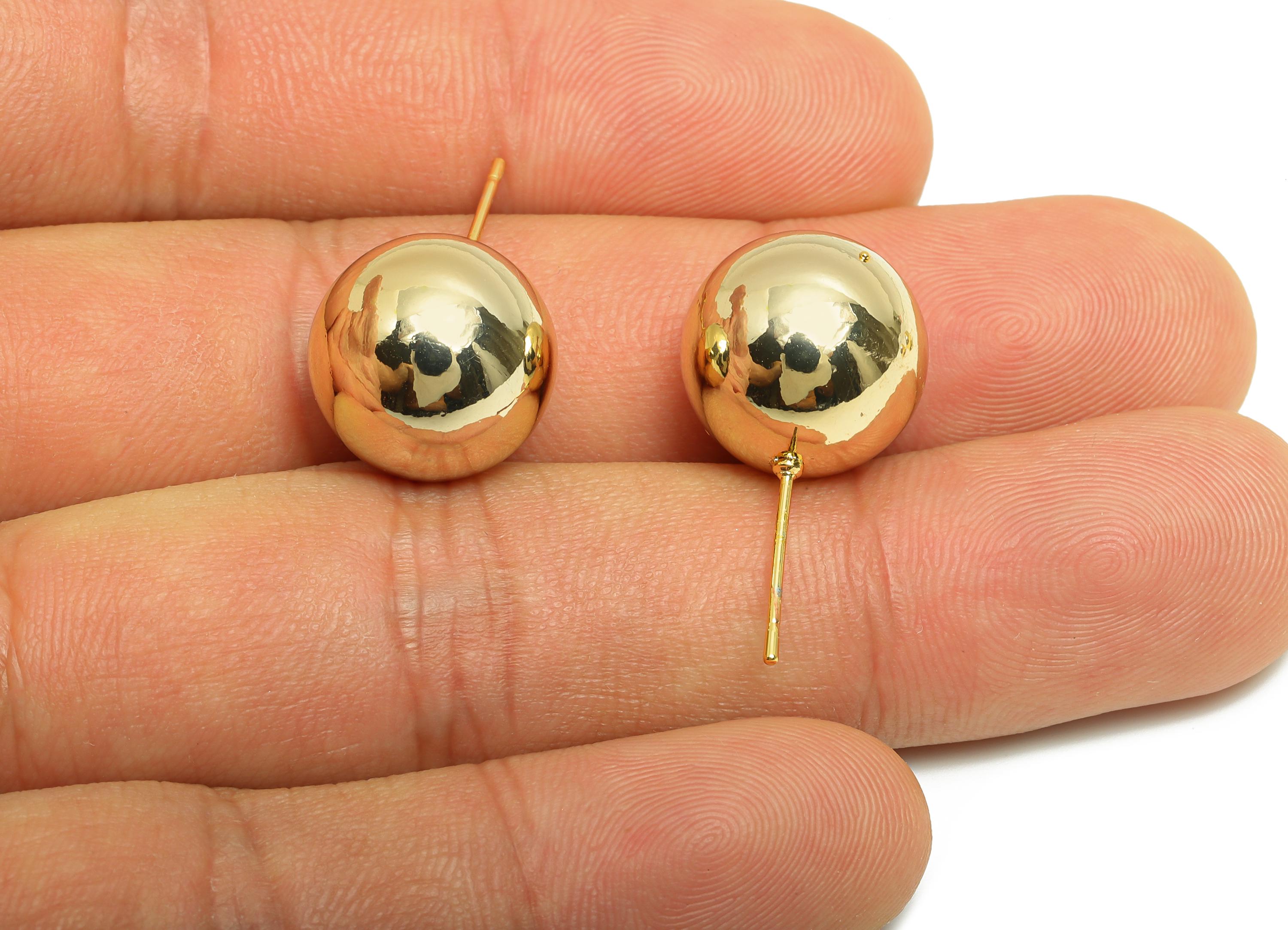 Brass Ball Earring Stud - Beads Earring Post for Woman - Gold Round Ball Daily Wear Earring - 18K Real Gold Plating - 13.8mm - RGP9002 - DOMEDBAZAAR