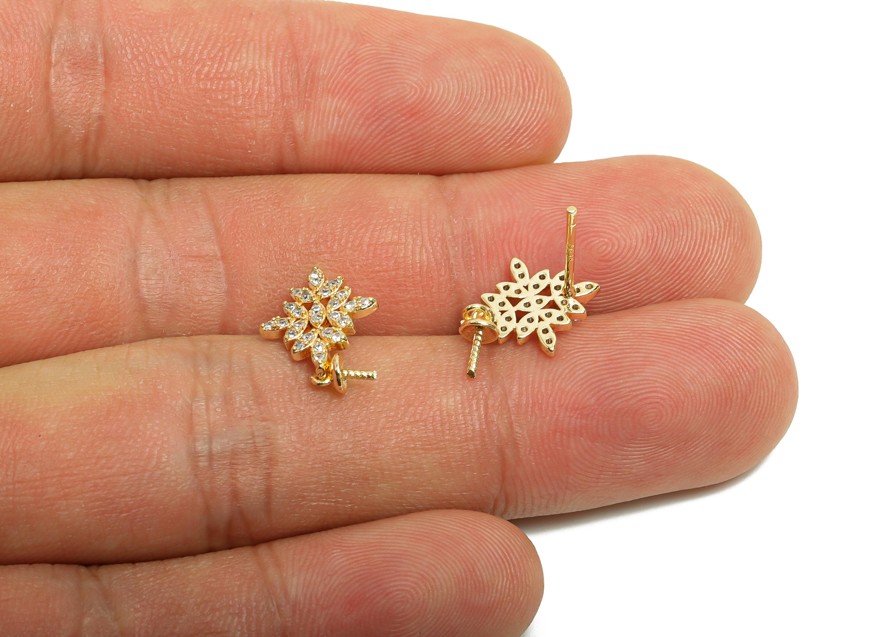 Brass Floral Earring Stud - Delicate Gold Flower Earrings with Zircon - Dainty Floral Stud Earring - Elegant Gold Stud - 17x10x3mm - RGP9969 - DOMEDBAZAAR