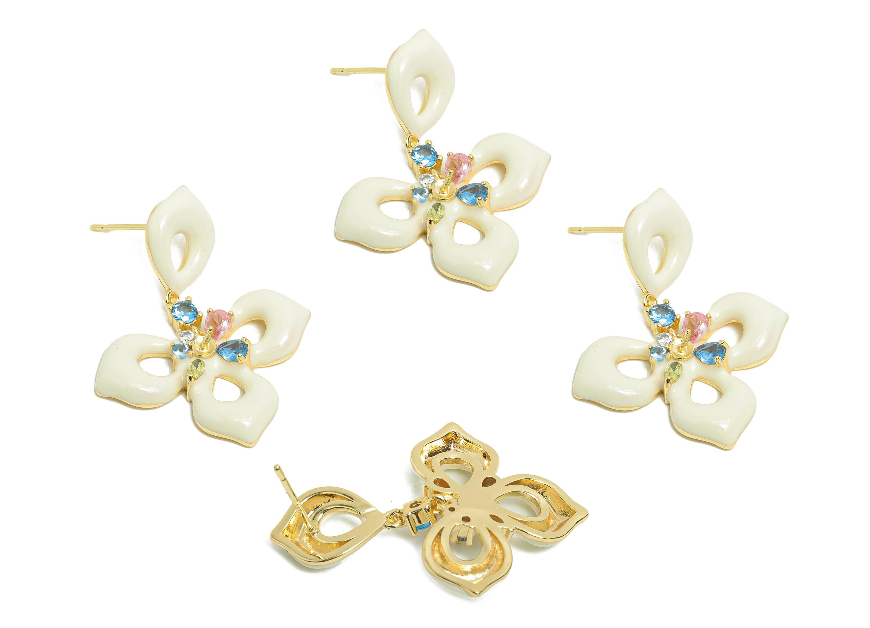 Bold Enamel Floral Earring - Zircon Enamel Earring Post - Fashionable Floral Drop Earring Crystals - Artistic Earring - 35x26x4mm - RGP9972 - DOMEDBAZAAR