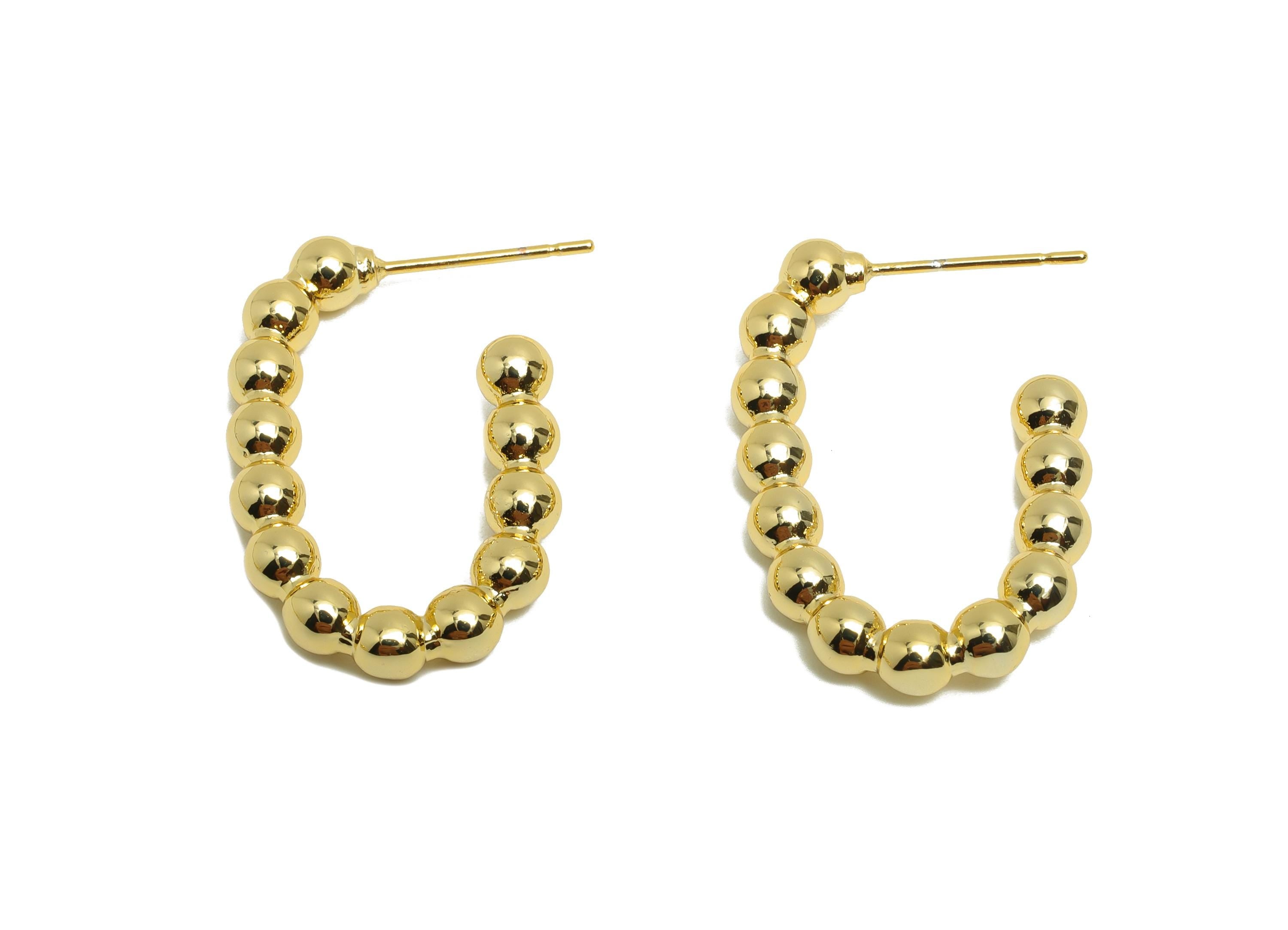 Brass Ball C Hoop Earring - Gold Oval Beads Earring Stud for Woman's - Open Oval Earring Post - 18K Real Gold Plated -27x17.6x3.9mm- RGP8754 - DOMEDBAZAAR