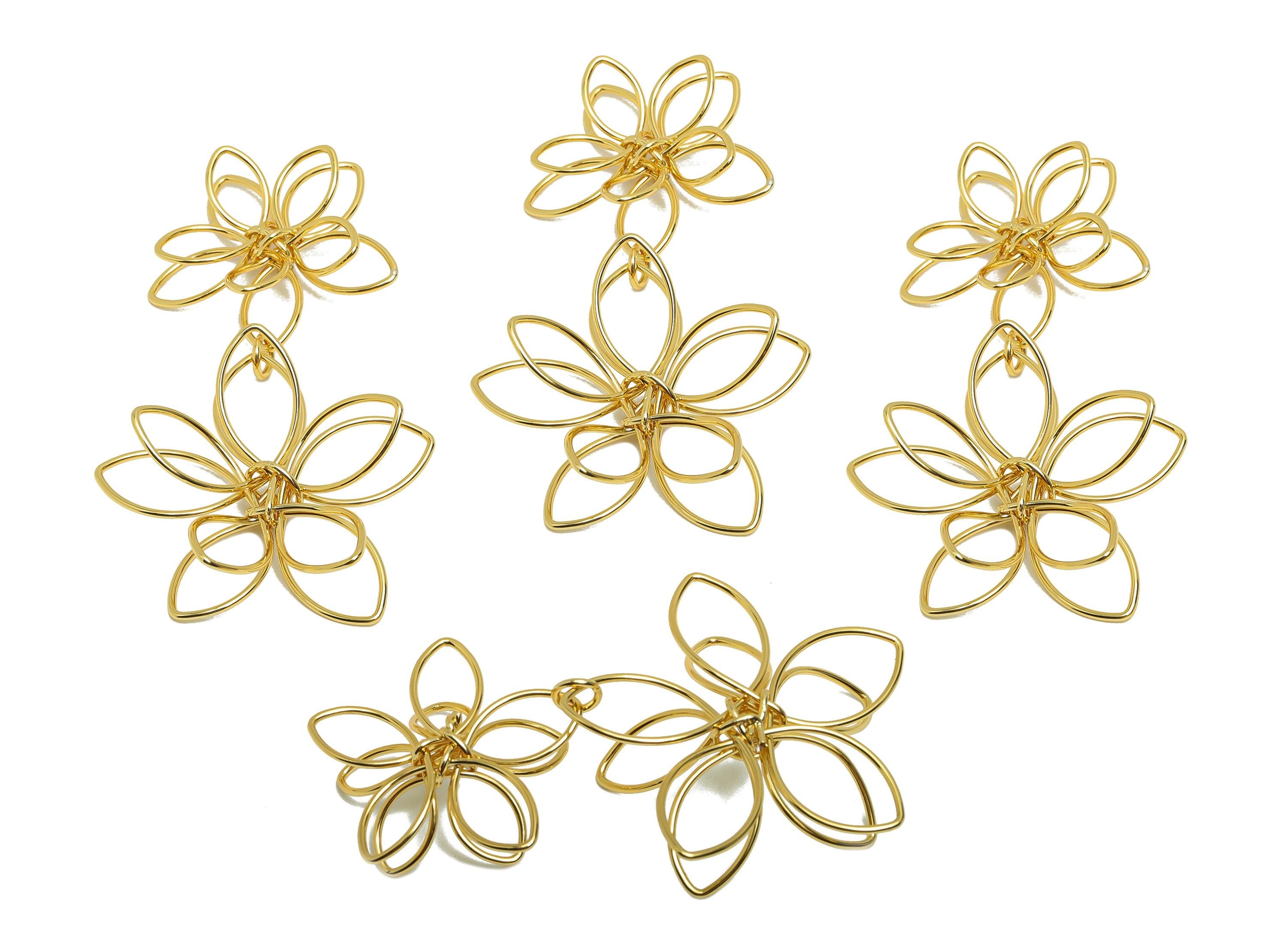 Brass Flower Earring Charm - Gold Hollow Sakura Charm for Necklace - Hollow Flower Pendant - 18K Real Gold Plating - 62x36x7mm - RGP8763 - DOMEDBAZAAR