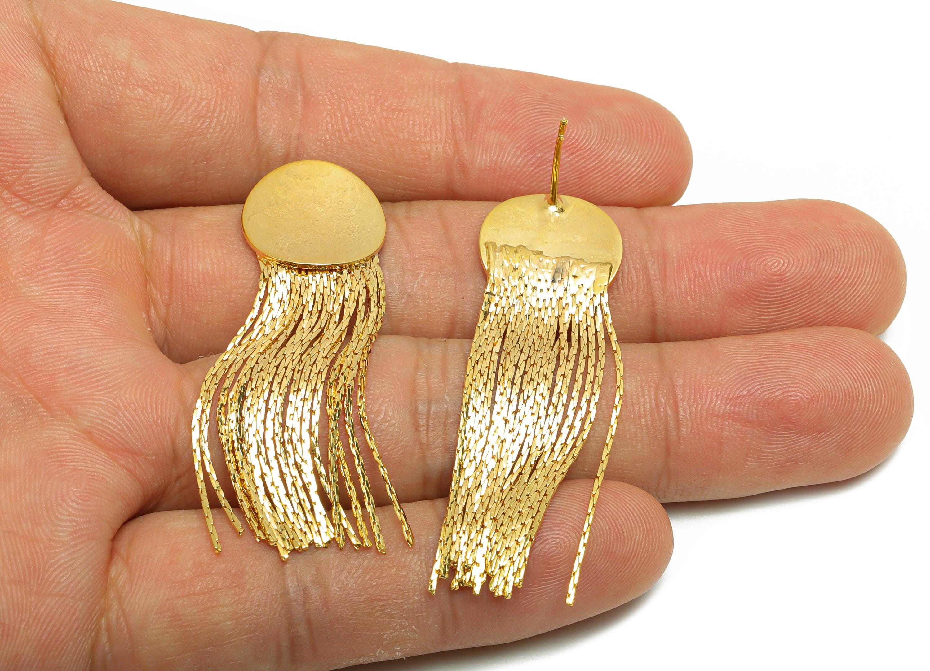 Brass Snake Chain Earring - Gold Round Chain Tassel Earring Stud - Snake Chain Earring Post - 18K Real Gold Plating - 62x15x1.48mm - RGP8764 - DOMEDBAZAAR