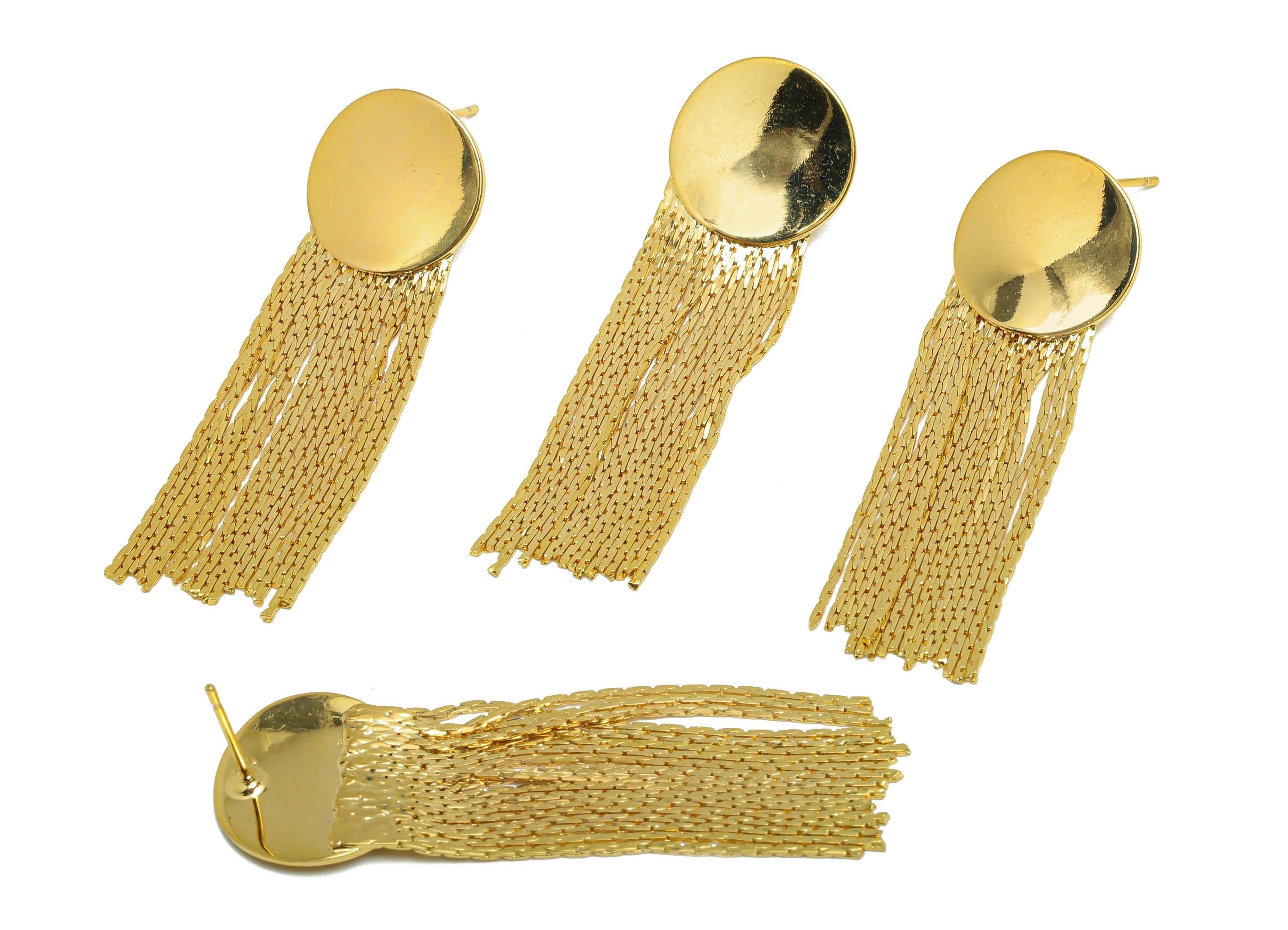 Brass Snake Chain Earring - Gold Round Chain Tassel Earring Stud - Snake Chain Earring Post - 18K Real Gold Plating - 62x15x1.48mm - RGP8764 - DOMEDBAZAAR
