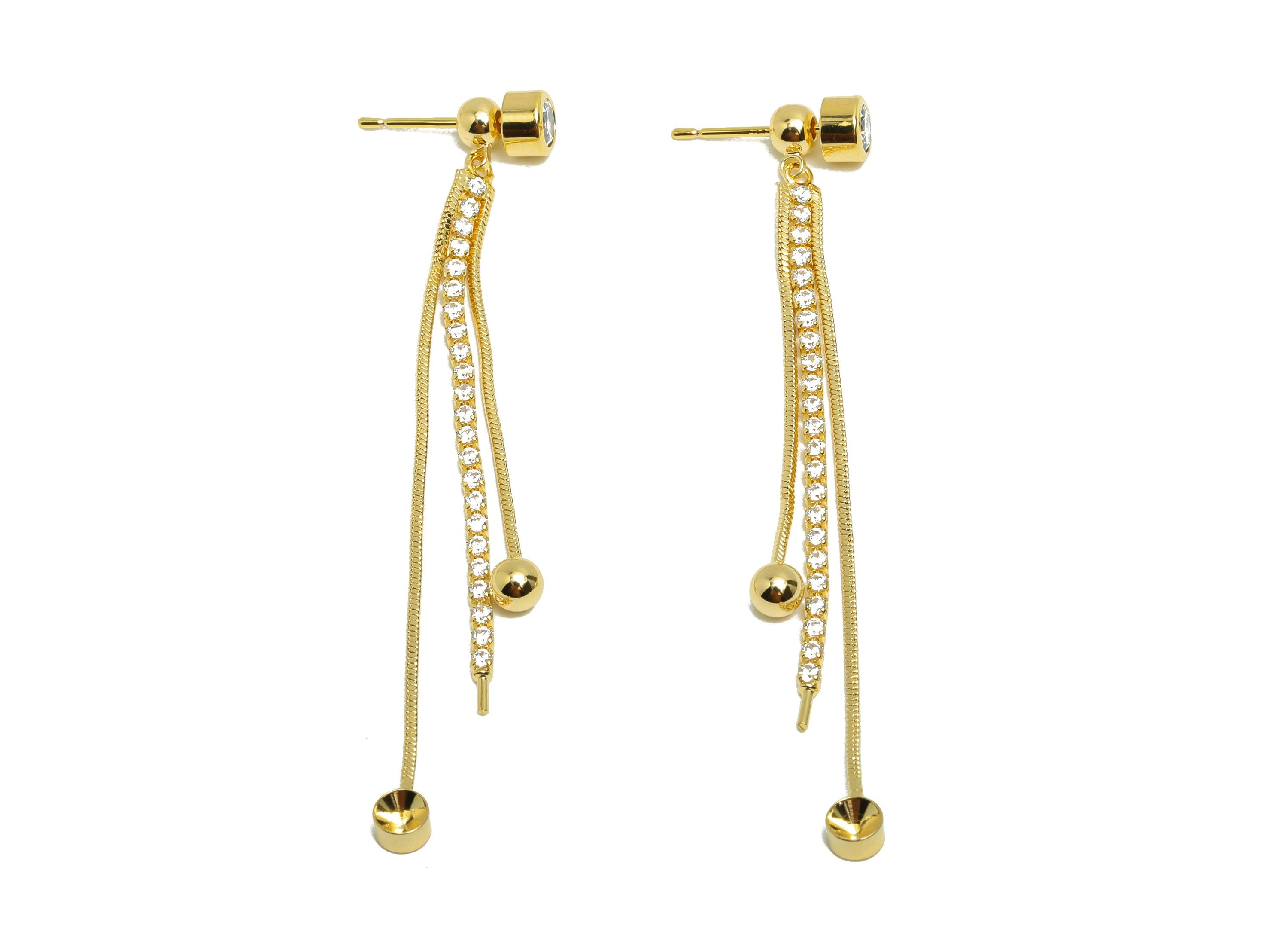 Brass Round Earring Stud - Zircon Chain Tassel Ear Stopper for Woman's - Gold Dangle Earring - 18K Real Gold Plating - 67x5x3.5mm - RGP8767 - DOMEDBAZAAR