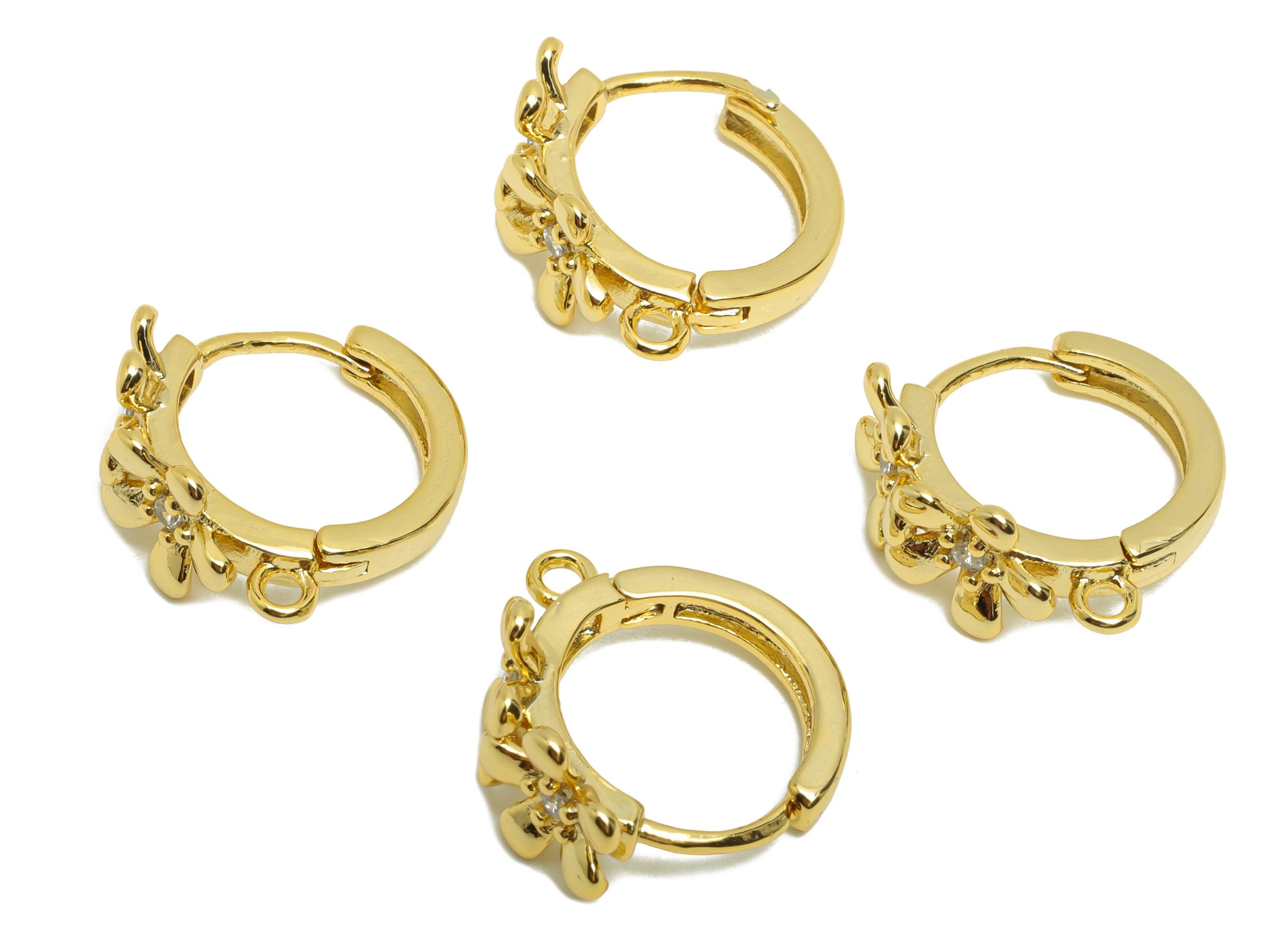 Brass Flower Hoop Earring - Gold Zircon Huggie Earring for Women - Daily Wear Ear Clasp - 18K Real Gold Plating - 16x15.7x8.2mm - RGP8771 - DOMEDBAZAAR