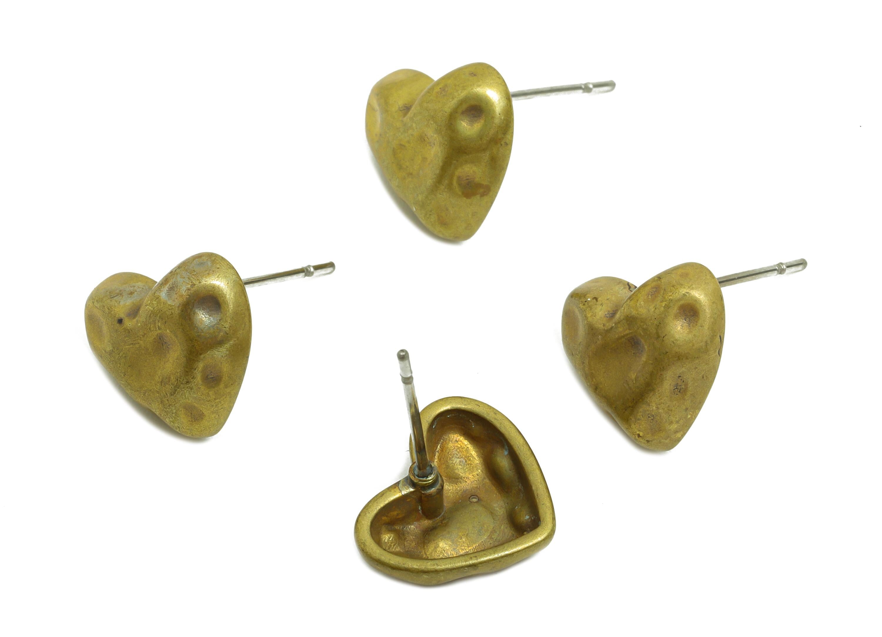 Vintage Brass Heart Stud Earring - Raw Brass Textured Handcrafted Heart Earring Post - Brass Artisan Jewelry - 10.5x12.43x3.83mm - PP10828 - DOMEDBAZAAR